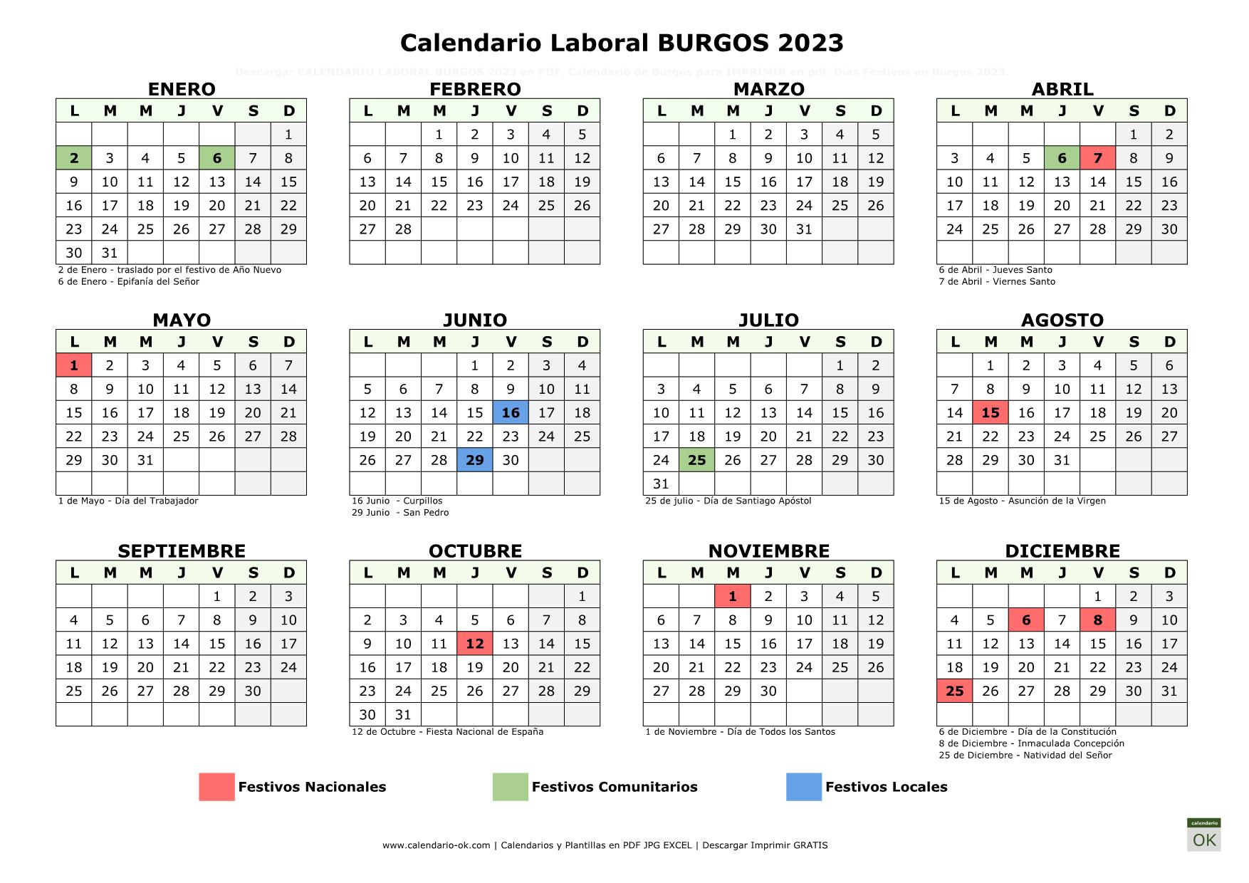 Calendario Laboral Burgos 2023 horizontal