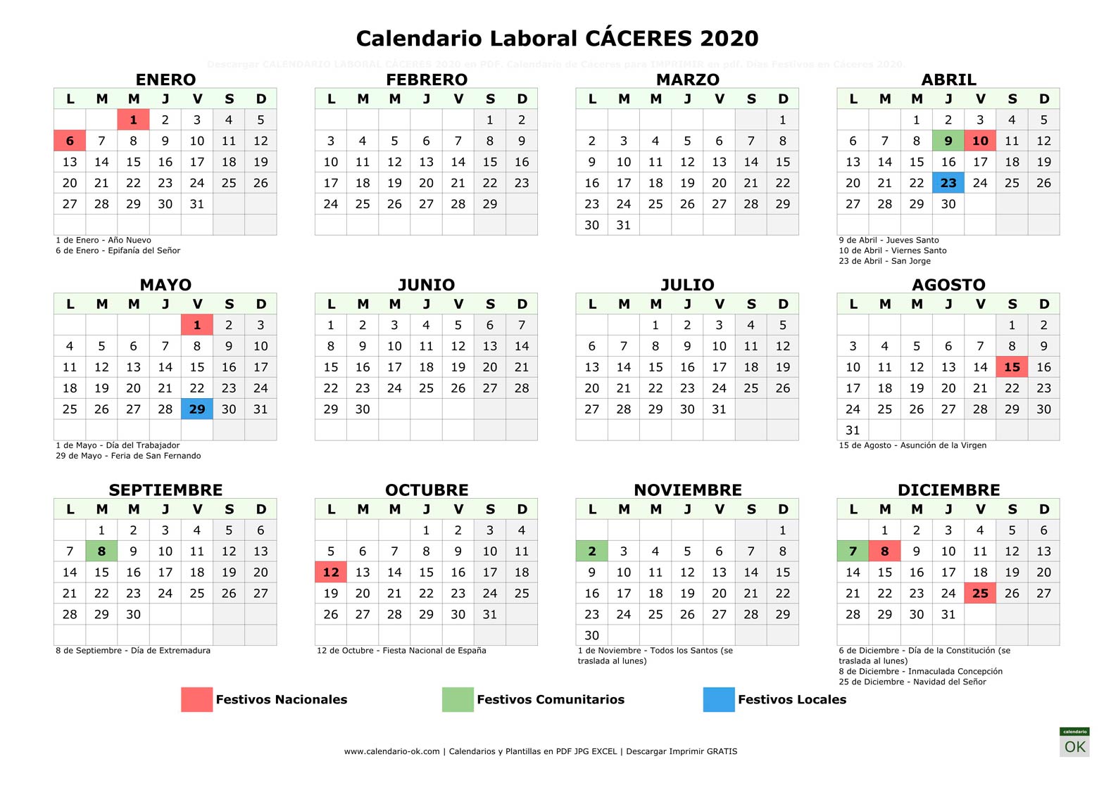 Calendario Laboral CÁCERES 2020 horizontal