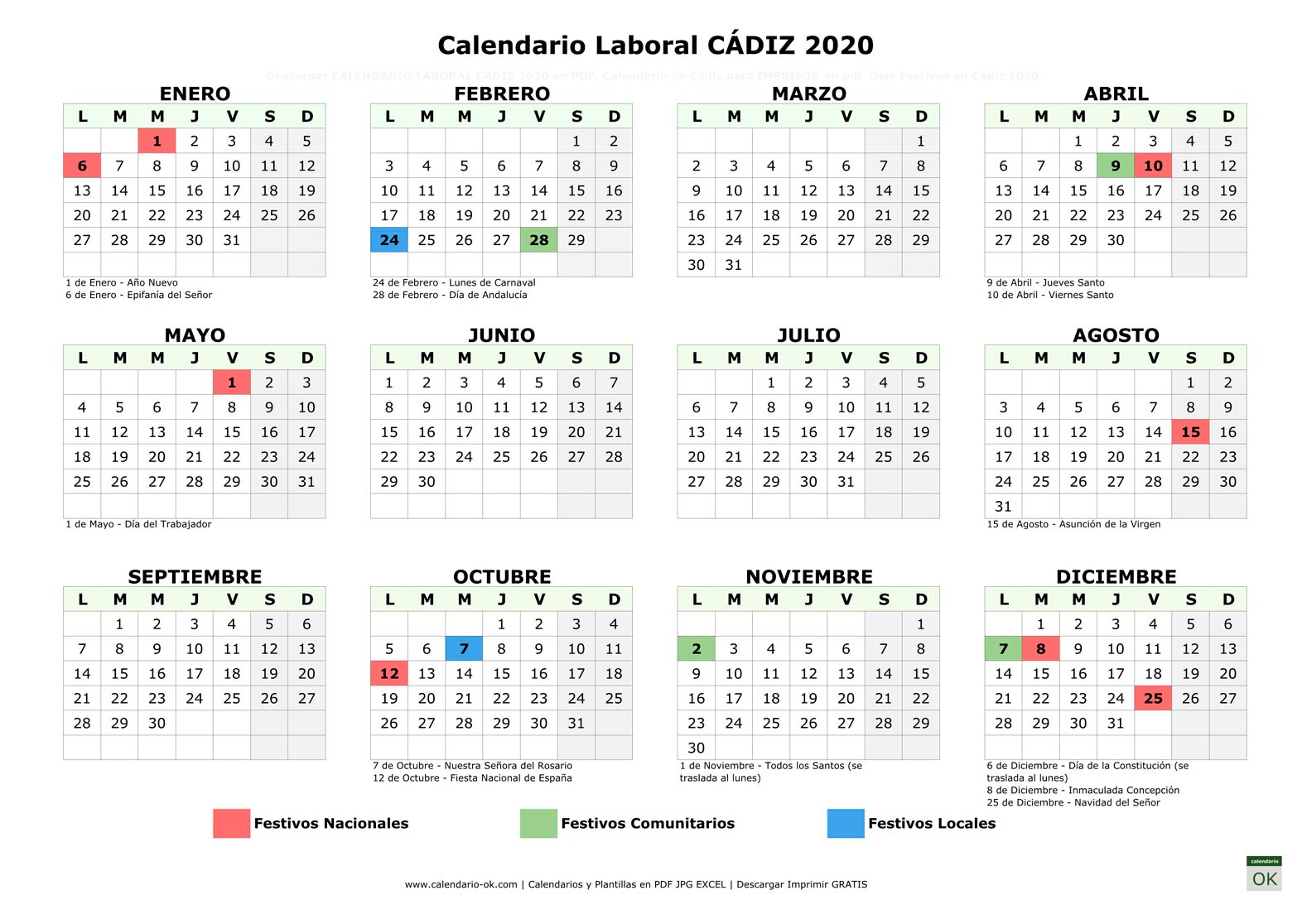 Calendario Laboral CÁDIZ 2020 horizontal