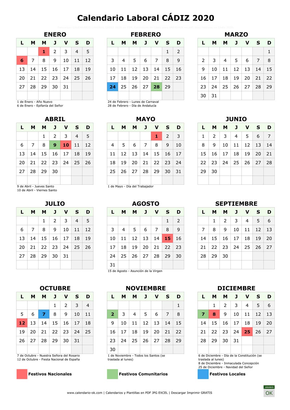 Calendario Laboral CÁDIZ 2020