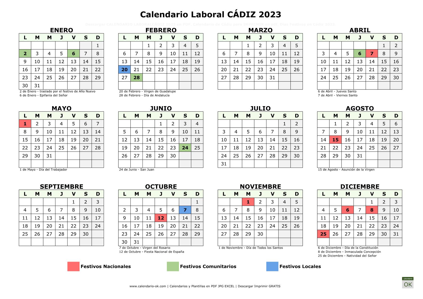 Calendario Laboral Cádiz 2023 horizontal