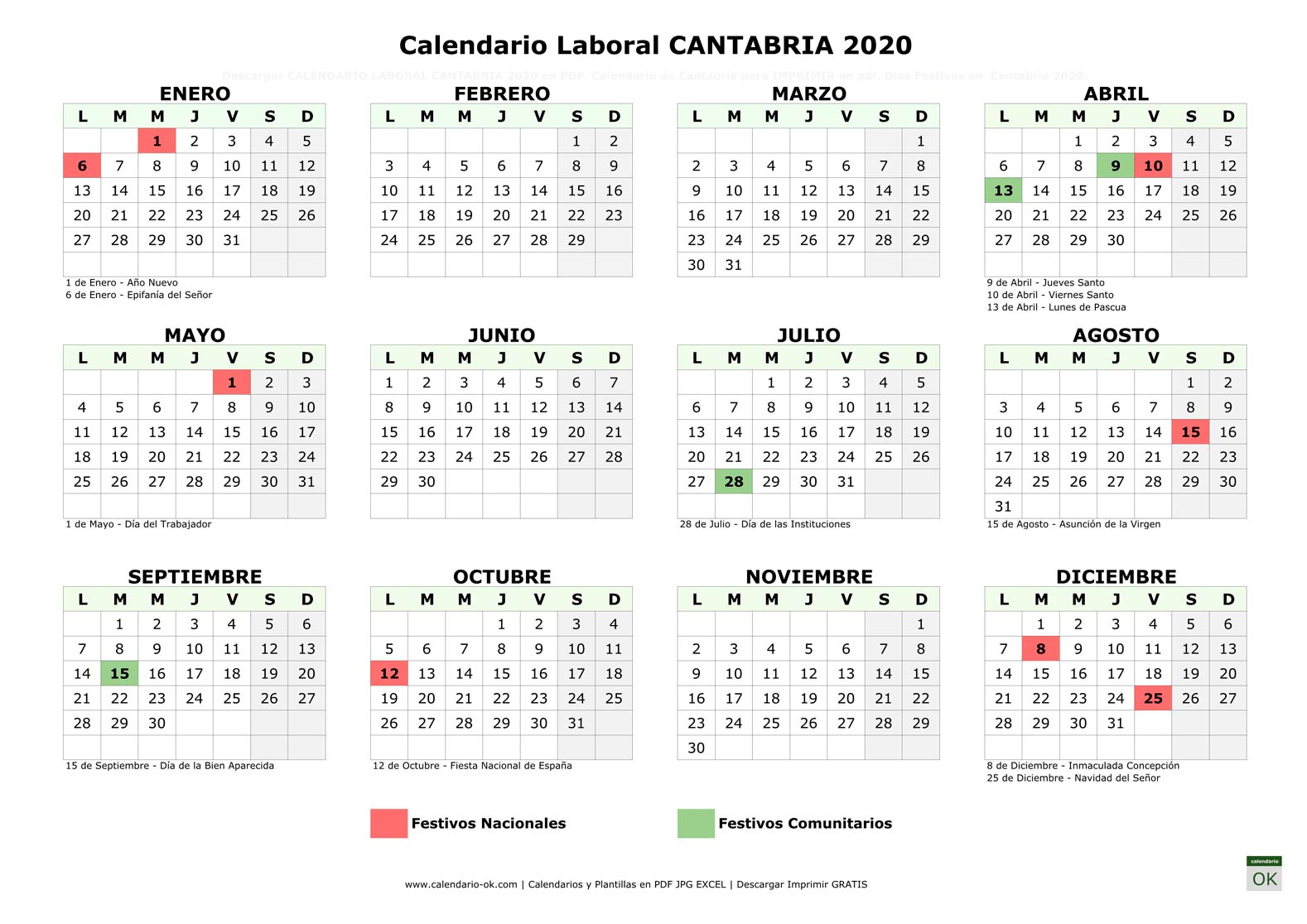 Calendario Laboral CANTABRIA 2020 horizontal