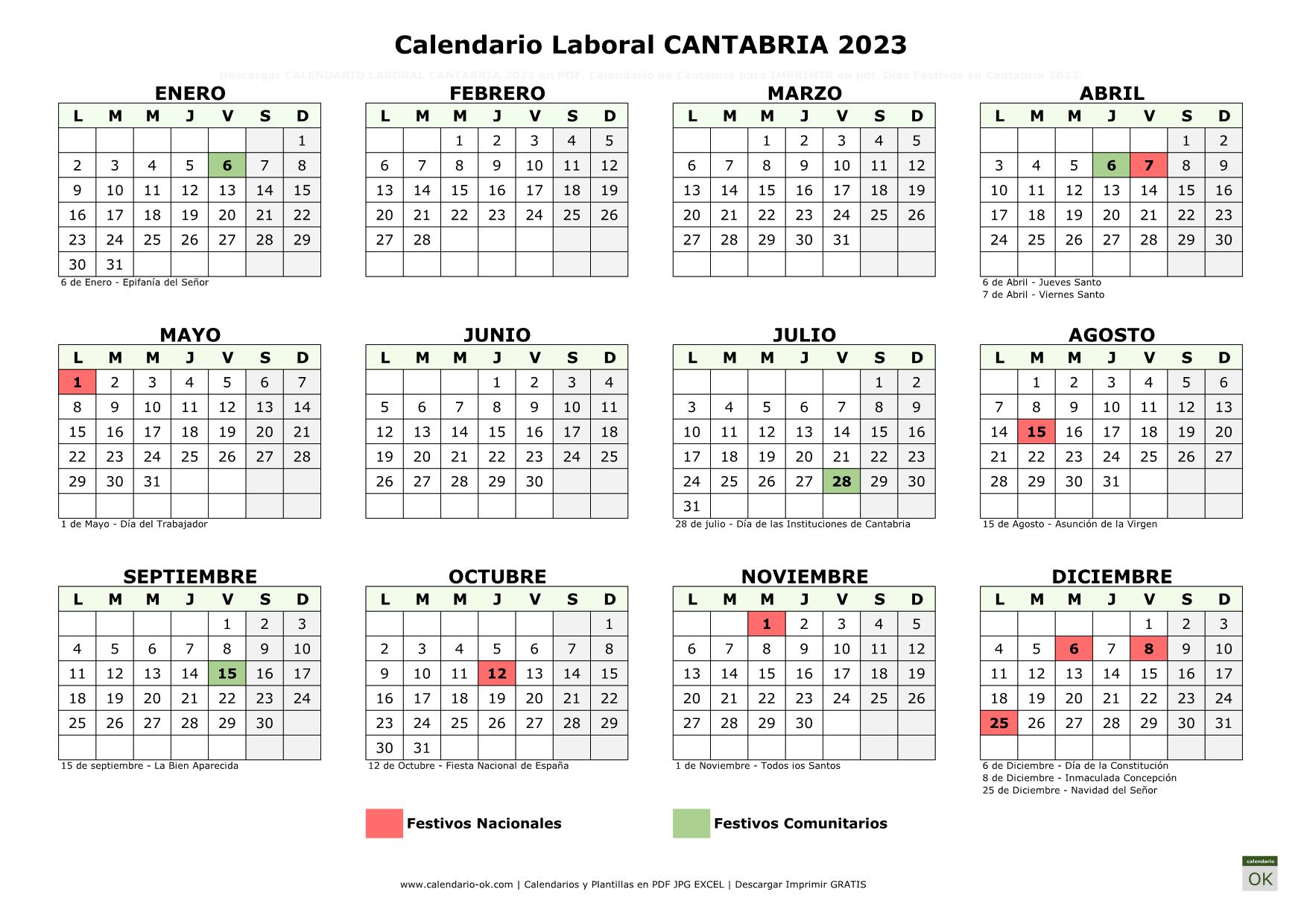 Calendario Laboral CANTABRIA 2023 horizontal