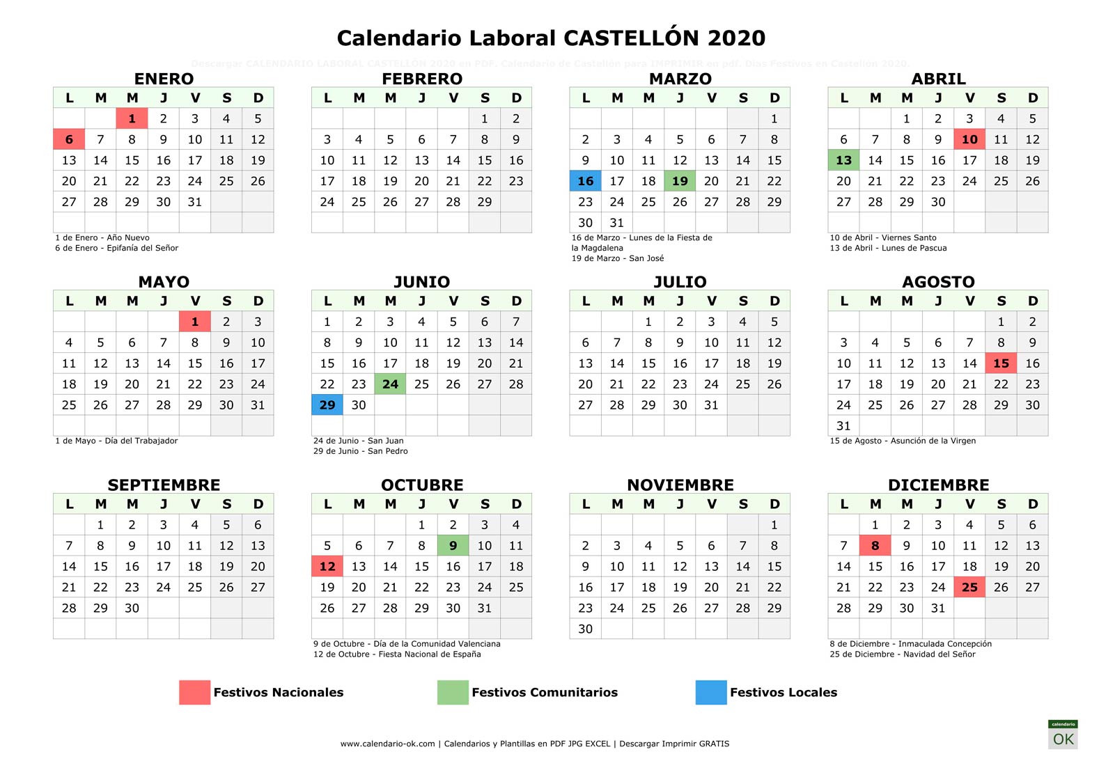 Calendario Laboral CASTELLÓN 2020 horizontal