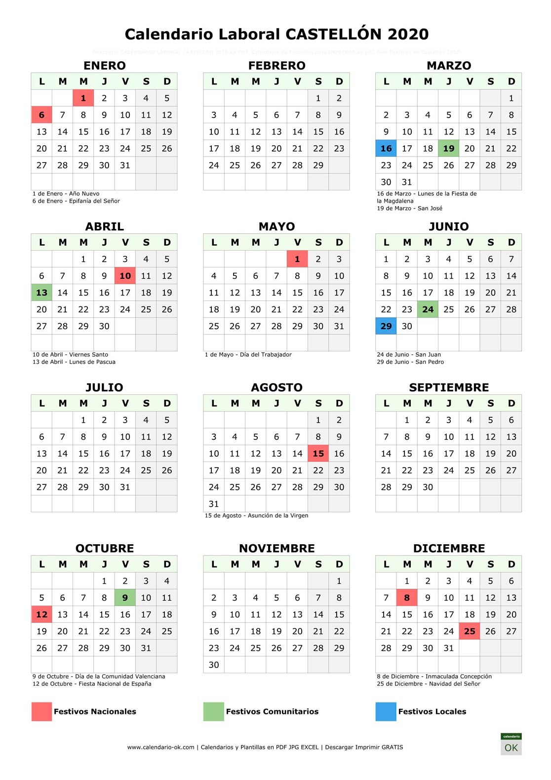 Calendario Laboral CASTELLÓN 2020