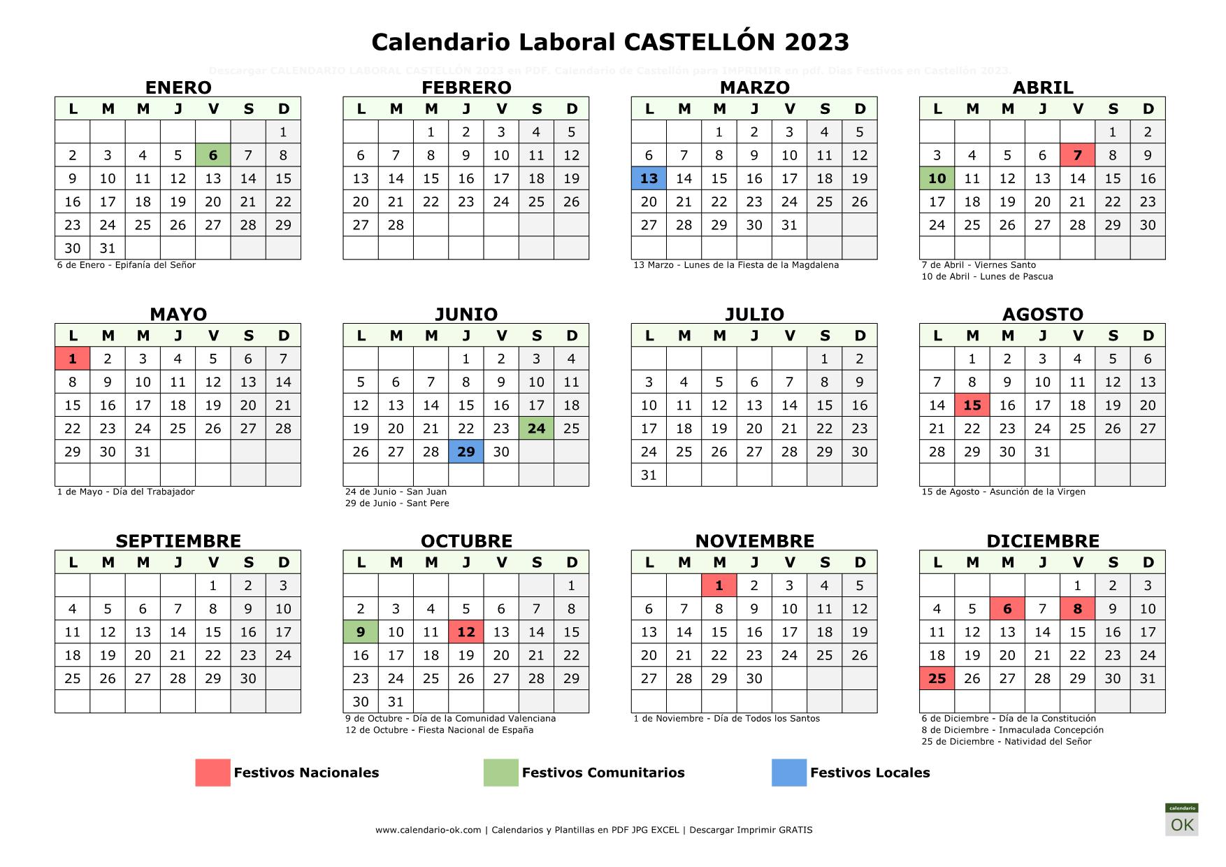Calendario Laboral Castellón 2023 horizontal