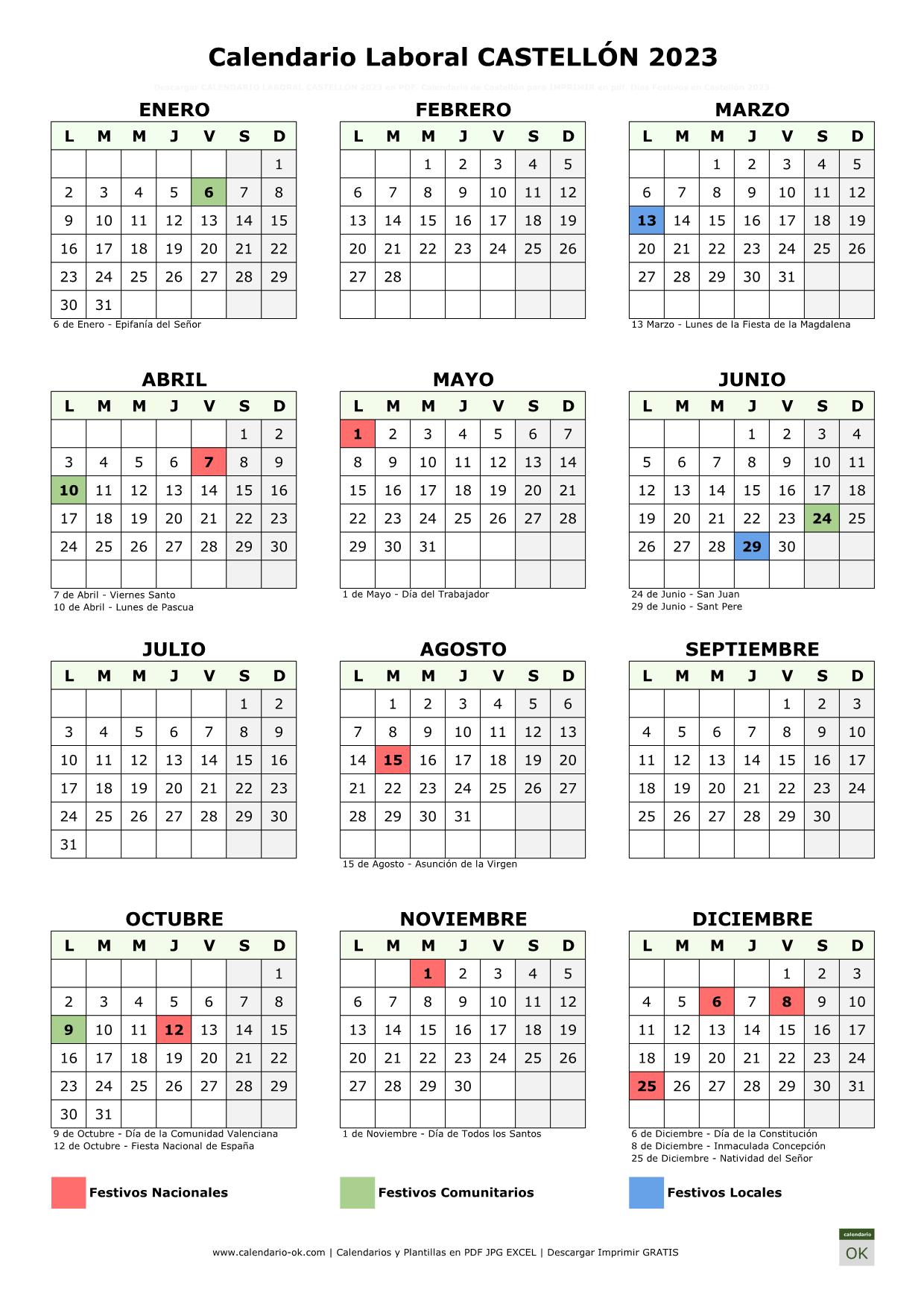 Calendario Laboral Castellón 2023 vertical