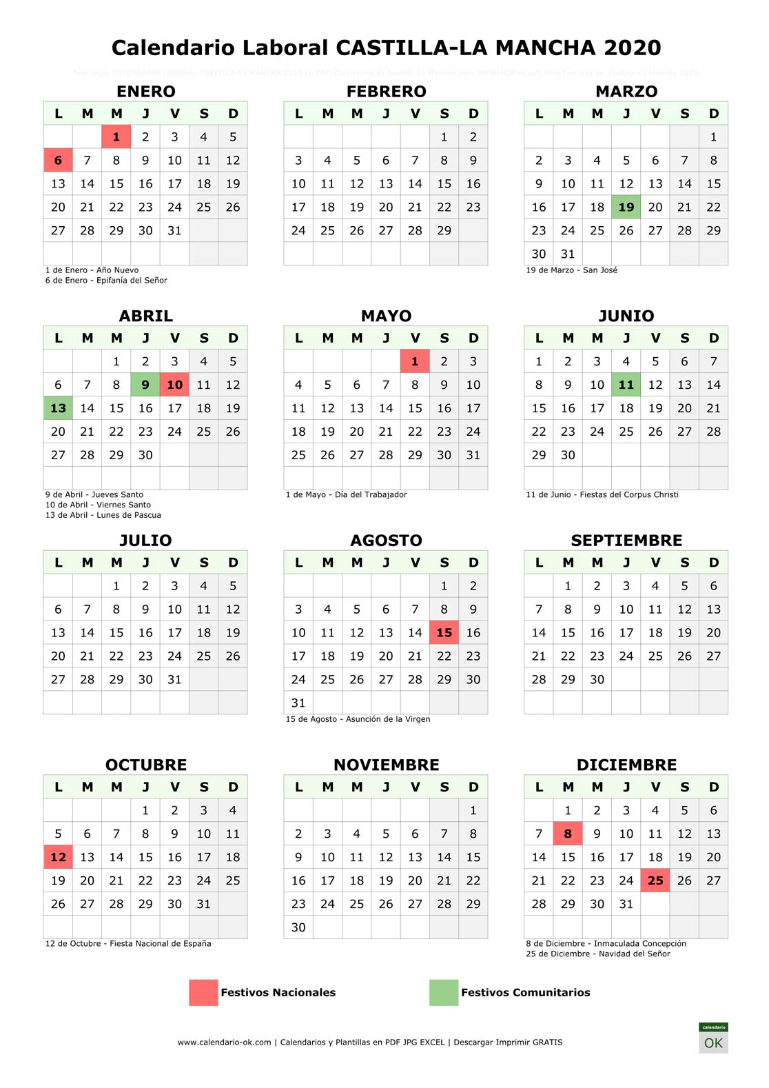 Calendario Laboral CASTILLA-LA MANCHA 2020