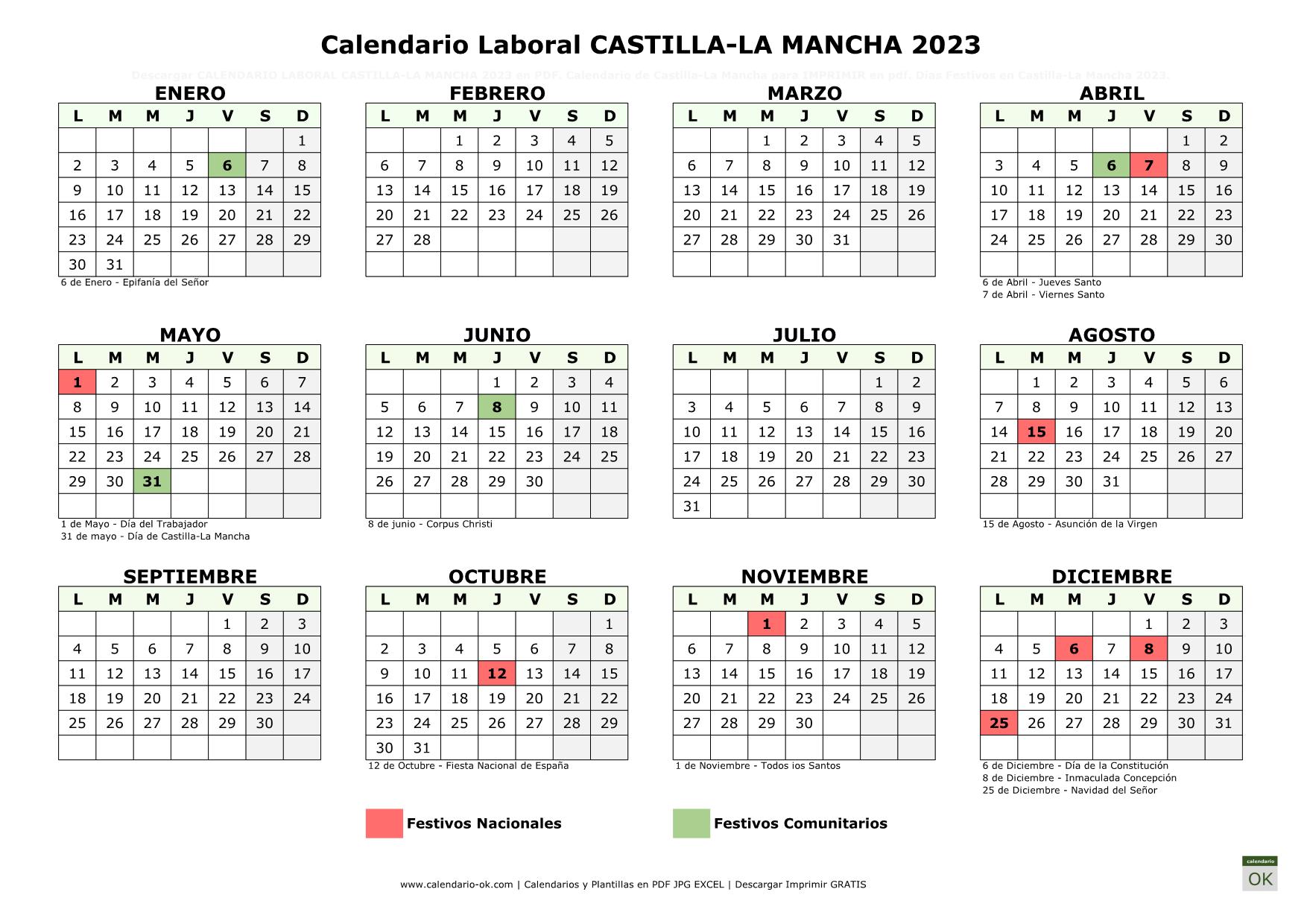 Calendario Laboral CASTILLA-LA MANCHA 2023 horizontal