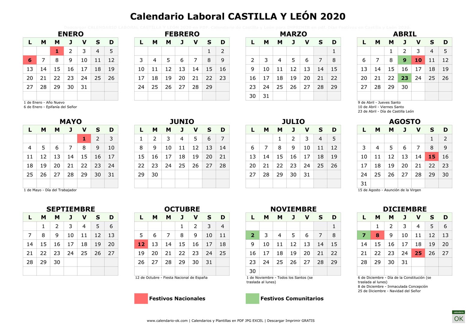 Calendario Laboral CASTILLA Y LEÓN 2020 horizontal