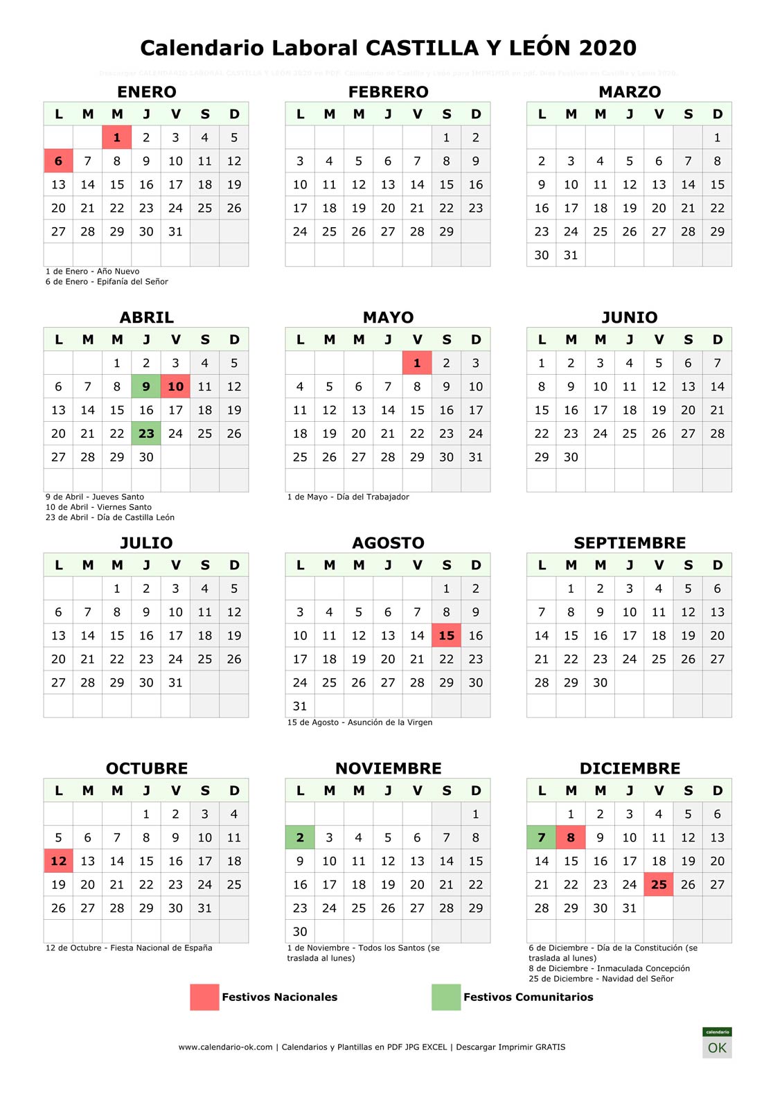 Calendario Laboral CASTILLA Y LEÓN 2020