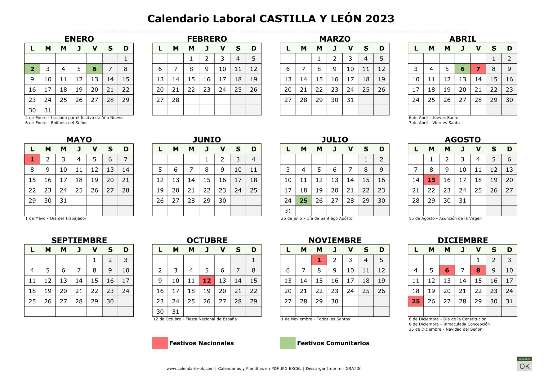 Calendario Laboral CASTILLA Y LEÓN 2023 horizontal
