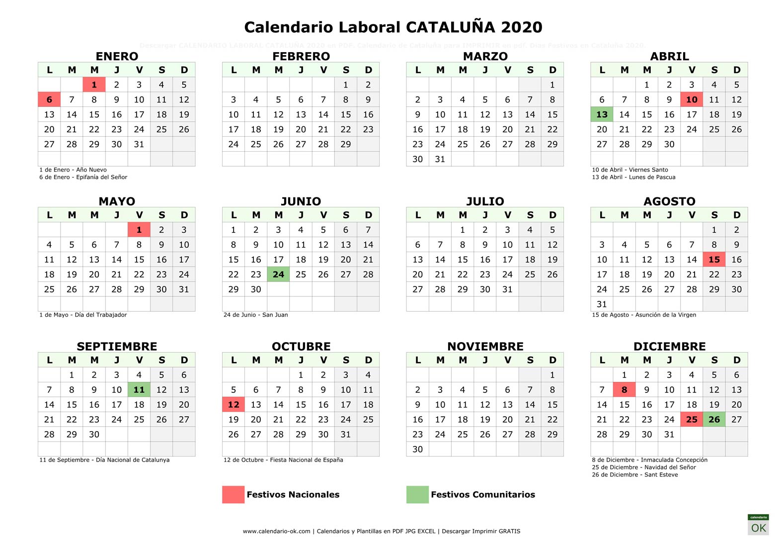 Calendario Laboral CATALUÑA 2020 horizontal