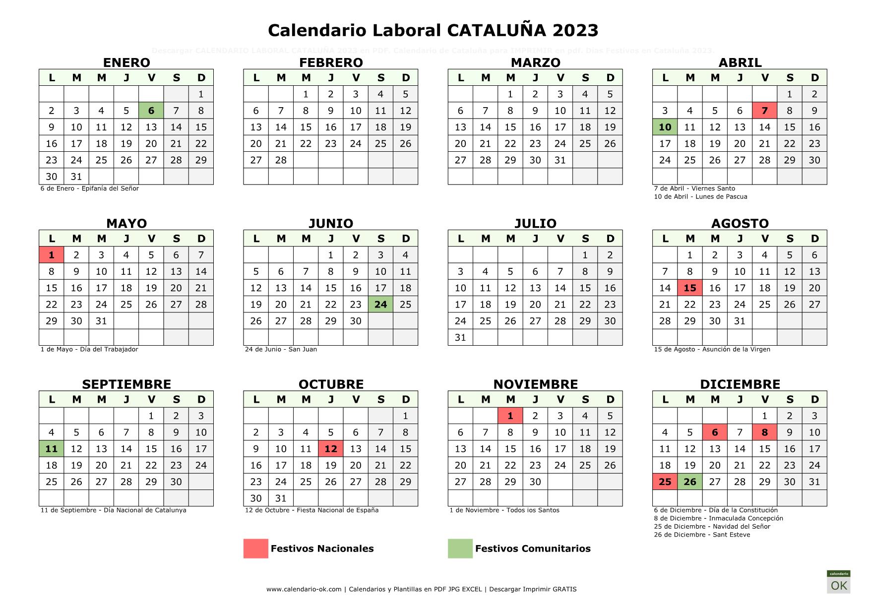 Calendario Laboral CATALUÑA 2023 horizontal