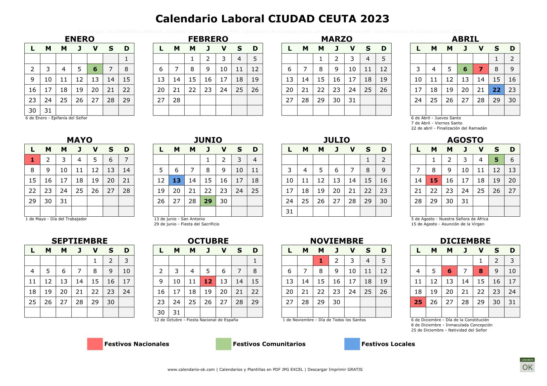 Calendario Laboral CEUTA 2023 horizontal