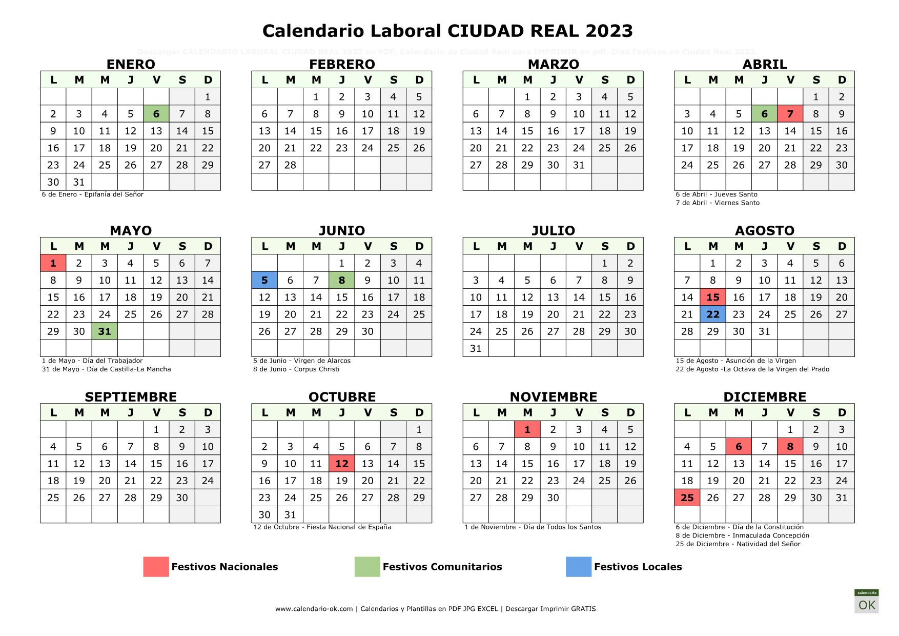 Calendario Laboral Ciudad Real 2023 horizontal