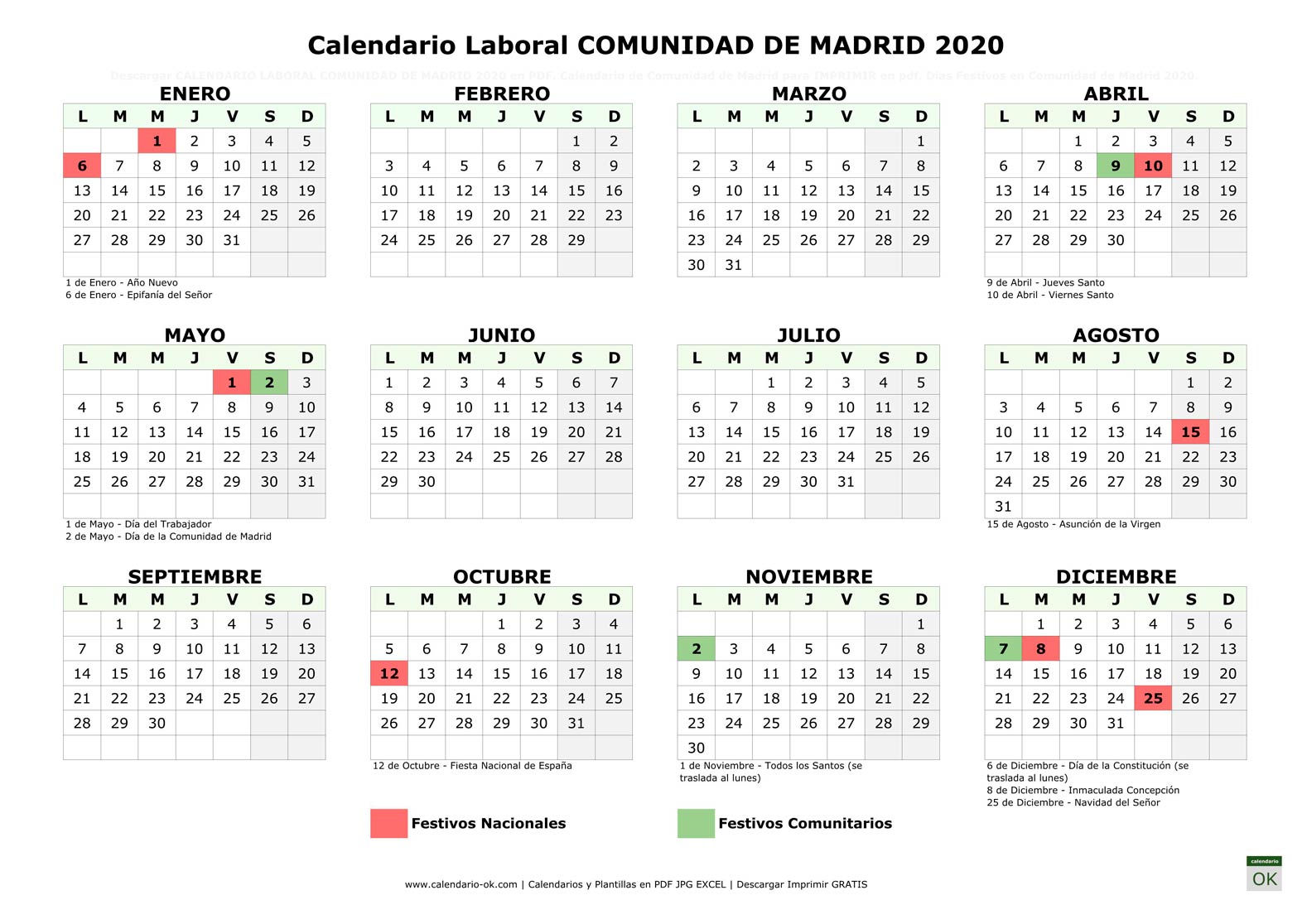 Calendario Laboral COMUNIDAD DE MADRID 2020 horizontal