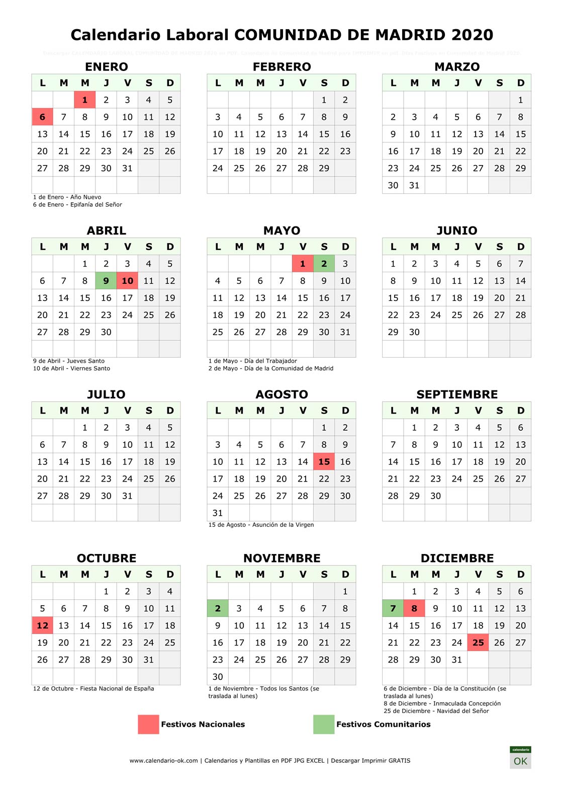 Calendario Laboral COMUNIDAD DE MADRID 2020