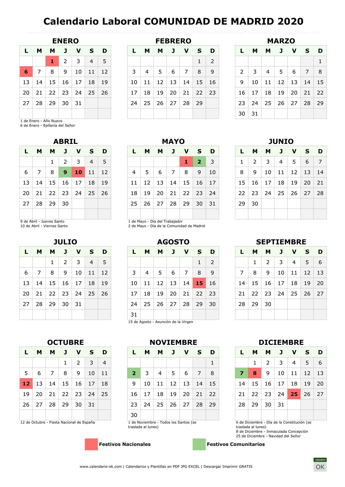 Calendario Laboral Madrid 2020