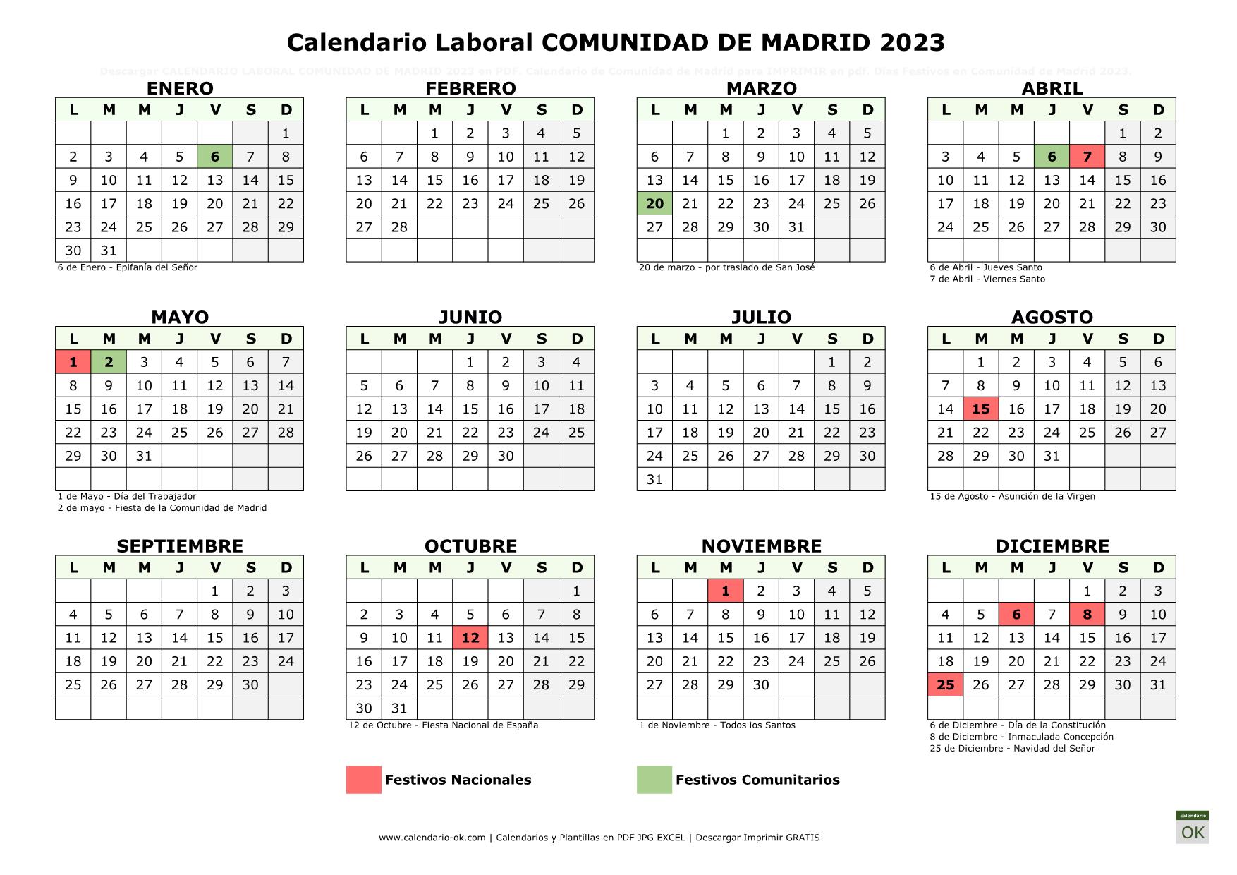 Calendario Laboral COMUNIDAD DE MADRID 2023 horizontal