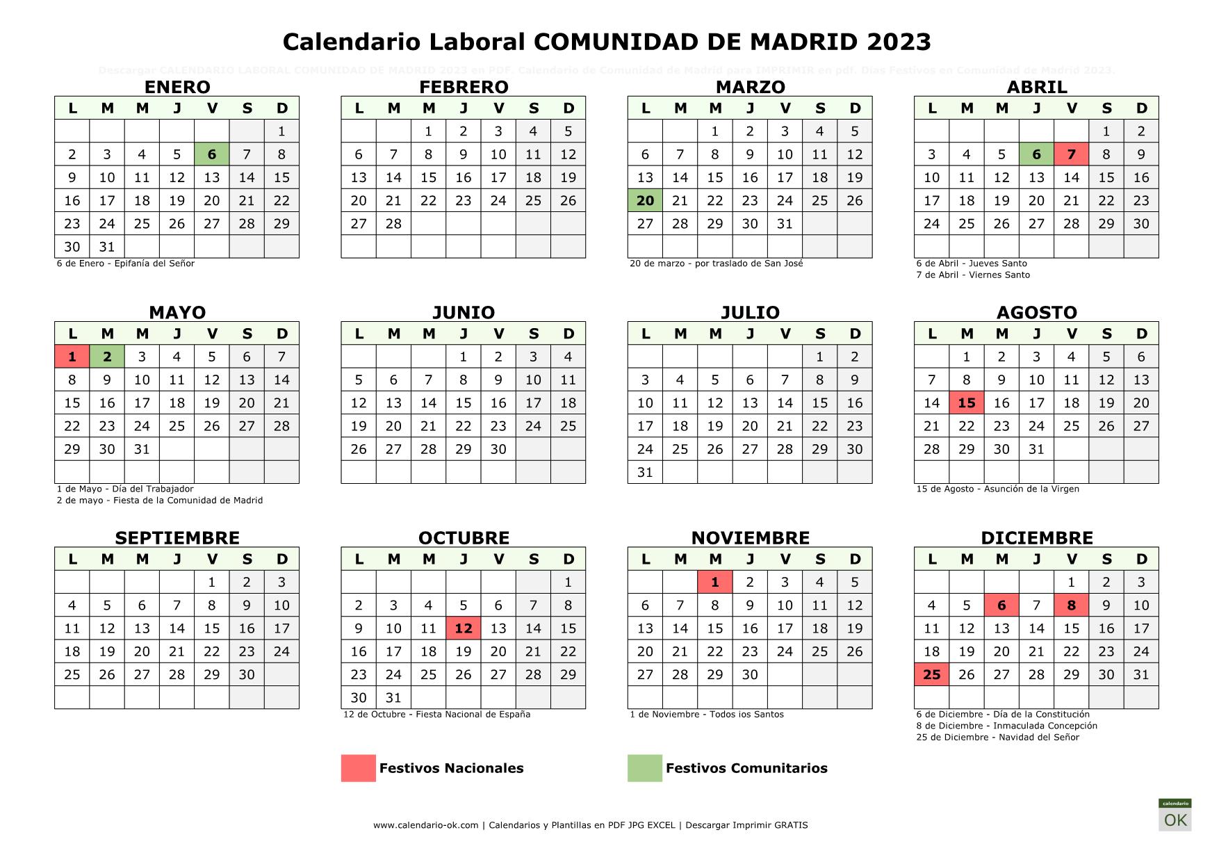 Festivos Año 2023 Madrid Calendario Laboral COMUNIDAD DE MADRID 2023 | PDF | JPG