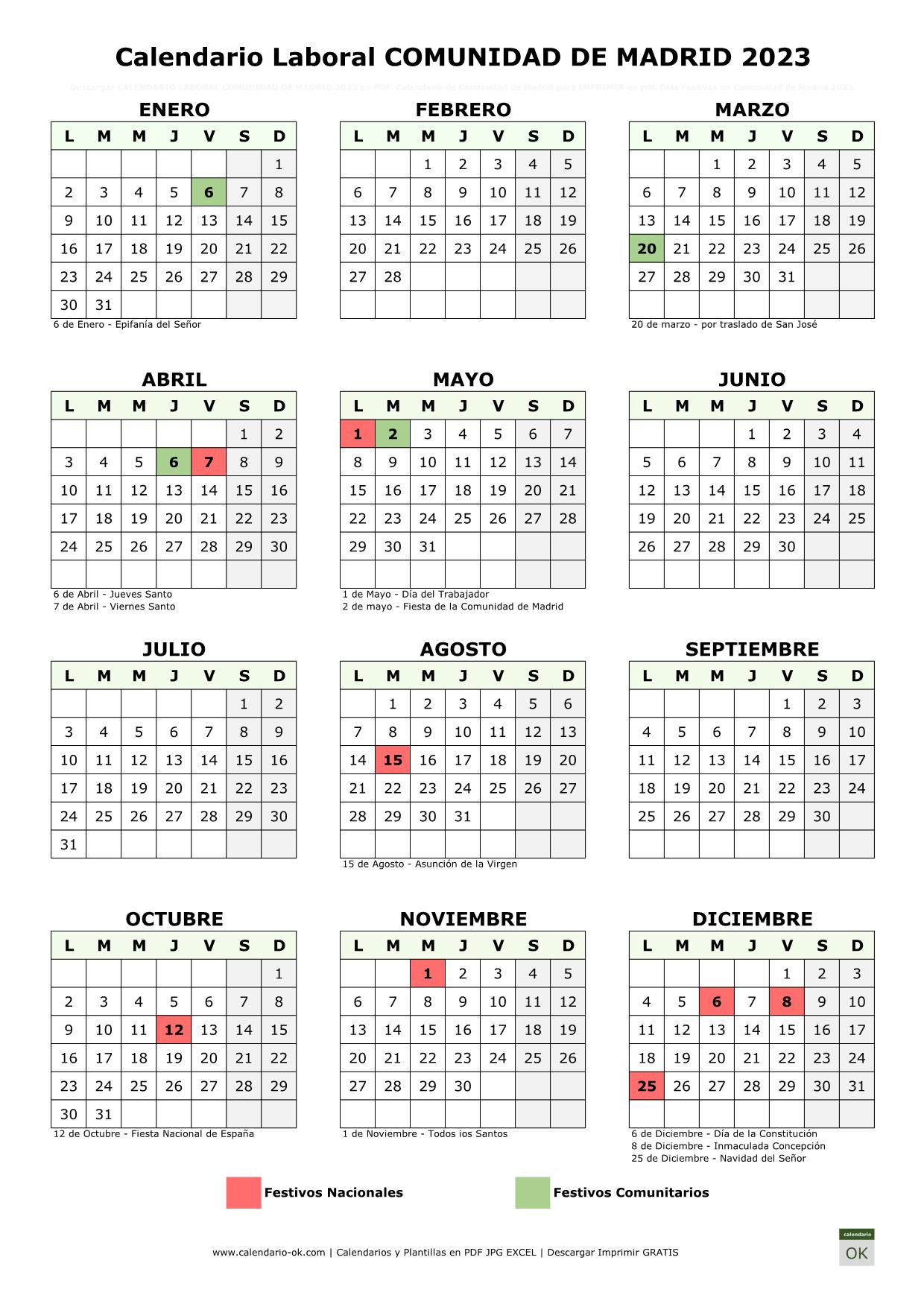 Calendario Laboral COMUNIDAD DE MADRID 2023
