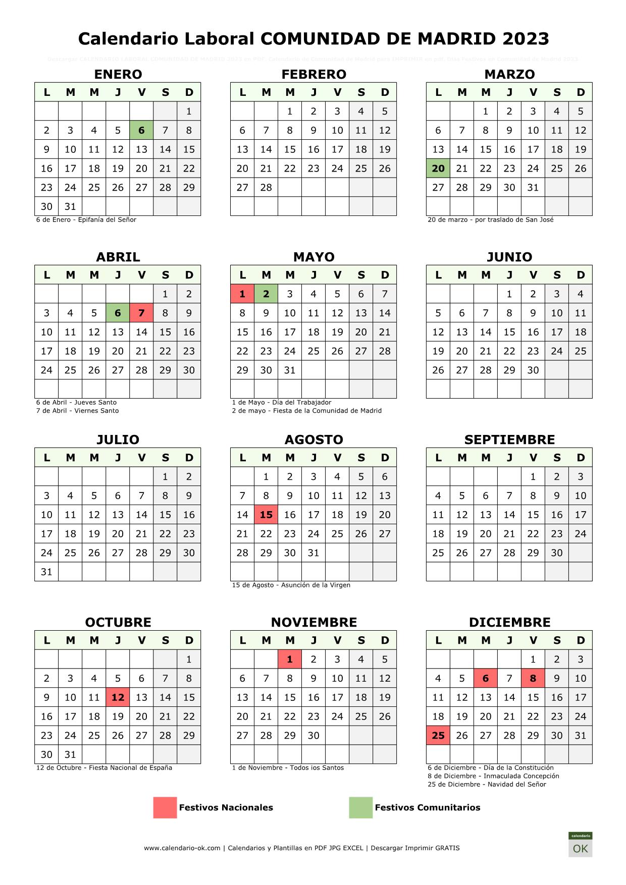 Festivos En Madrid 2023 Calendario Laboral COMUNIDAD DE MADRID 2023 | PDF | JPG