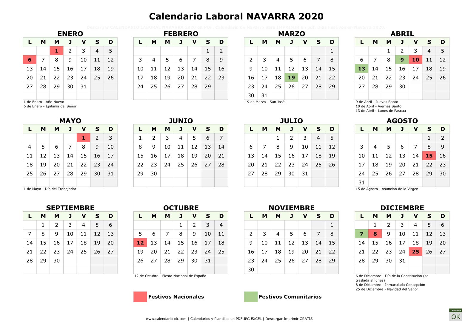 Calendario Laboral COMUNIDAD FORAL DE NAVARRA 2020 horizontal