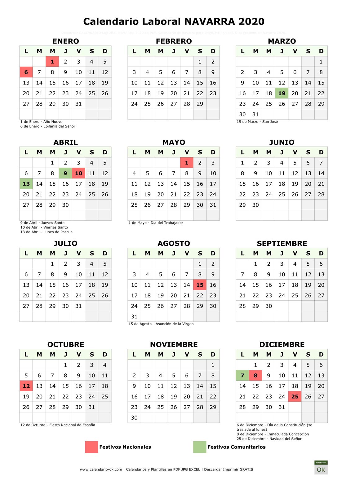 Calendario Laboral COMUNIDAD FORAL DE NAVARRA 2020