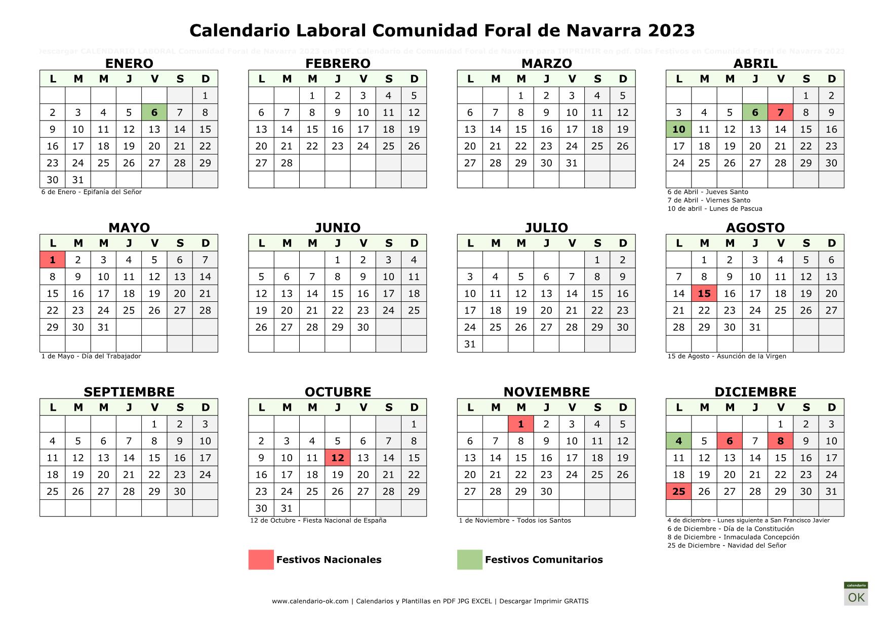Calendario Laboral COMUNIDAD FORAL DE NAVARRA 2023 horizontal