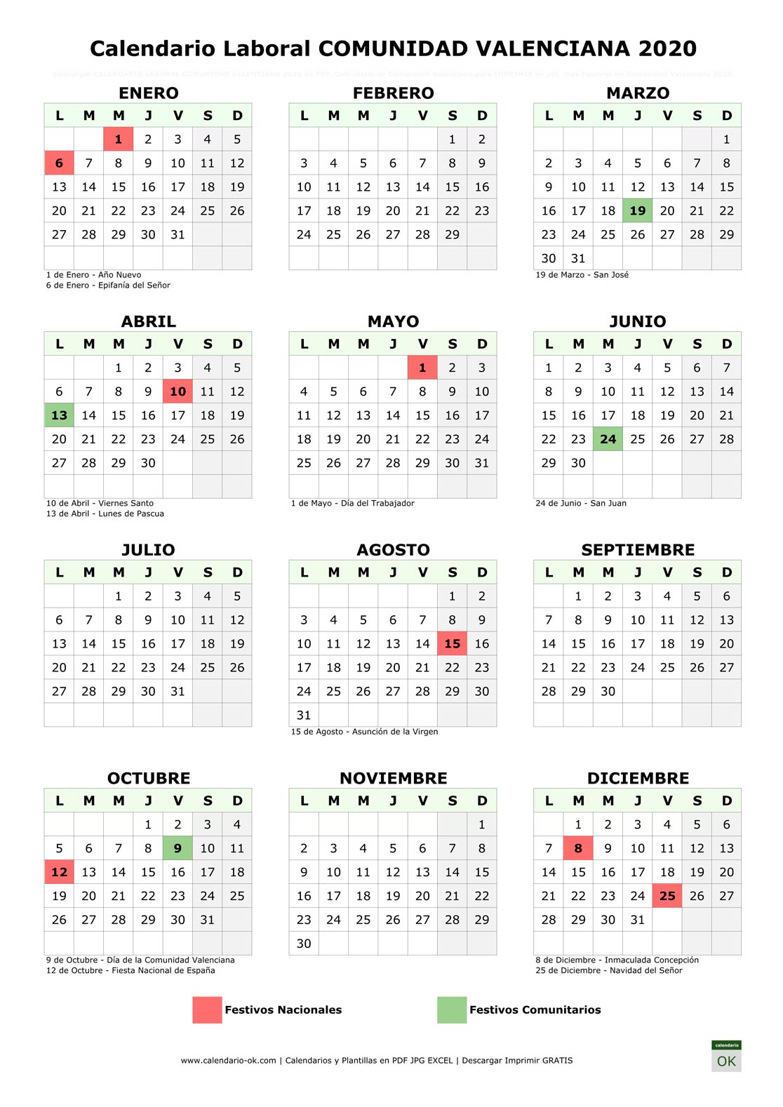 Calendario Laboral COMUNIDAD VALENCIANA 2020
