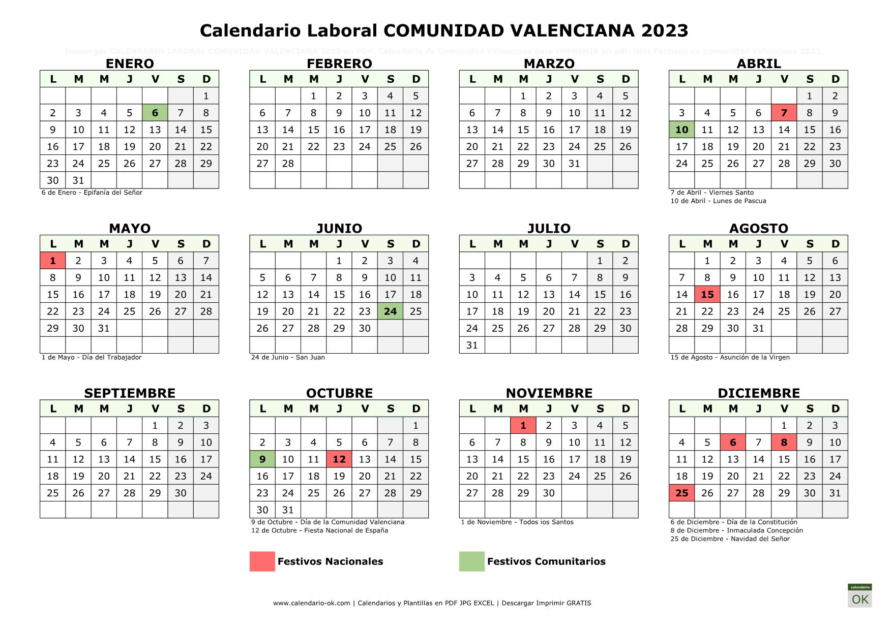 Calendario Laboral COMUNIDAD VALENCIANA 2023 horizontal