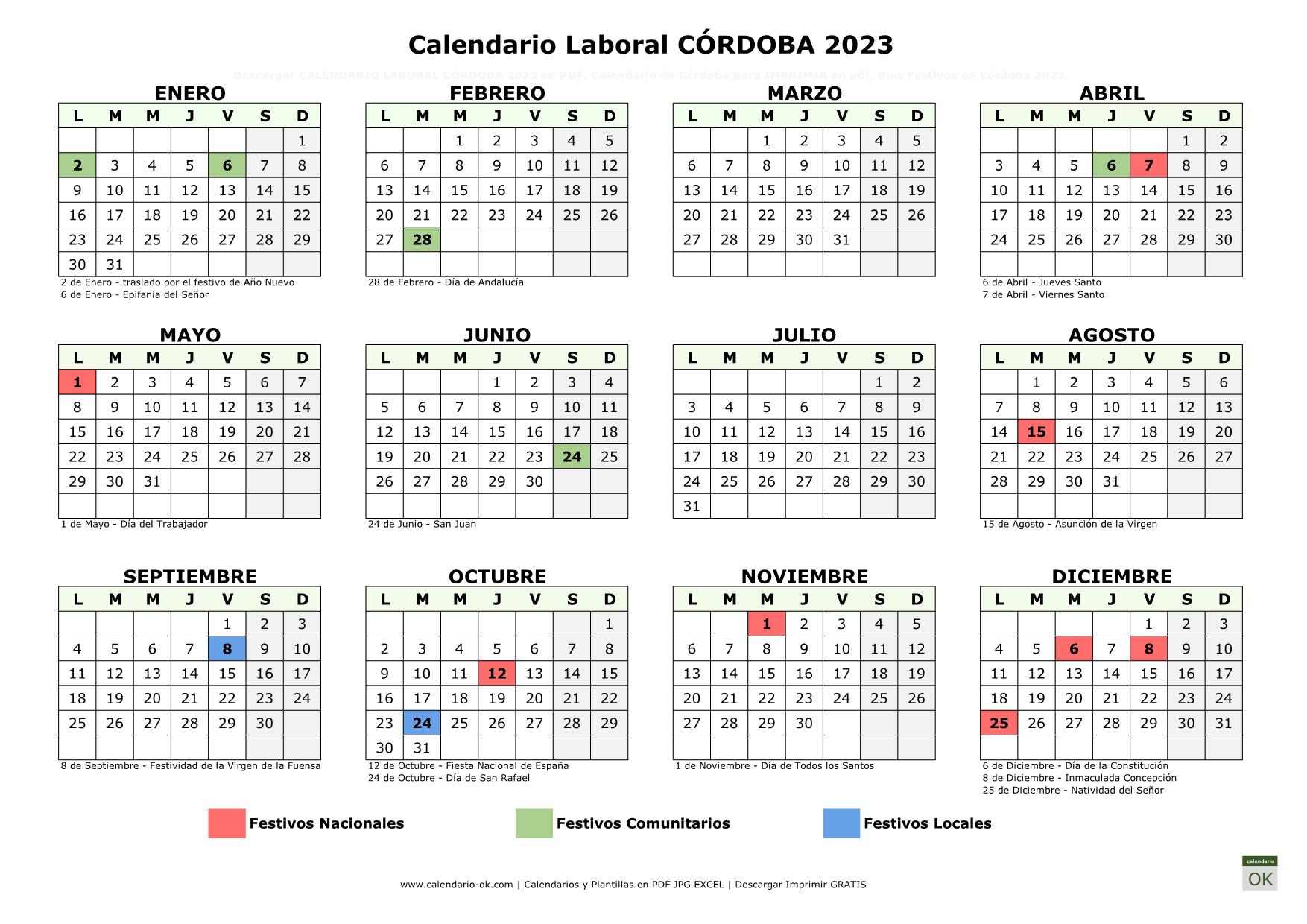 Calendario Laboral Córdoba 2023 horizontal