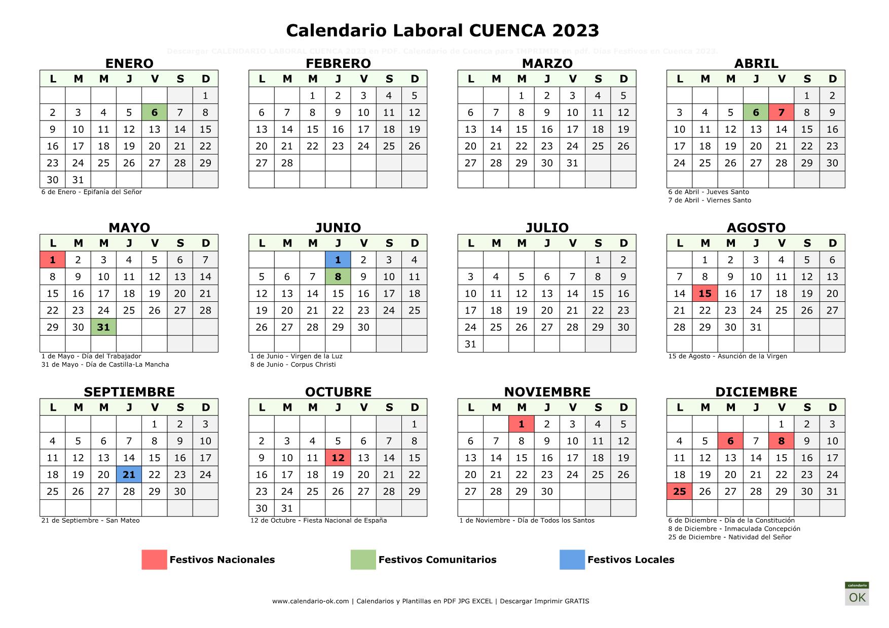 Calendario Laboral Cuenca 2023 horizontal