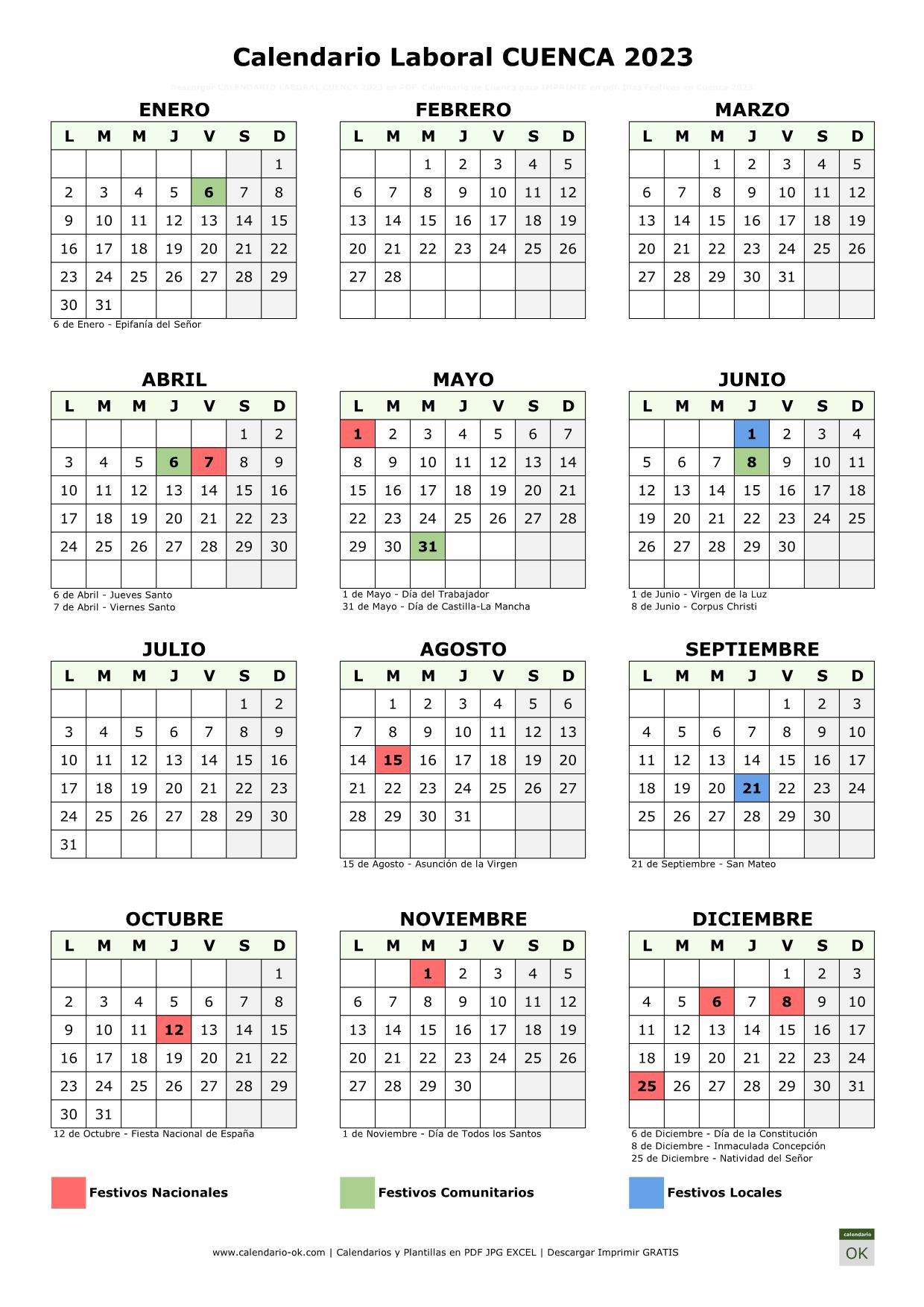 Calendario Laboral Cuenca 2023 vertical