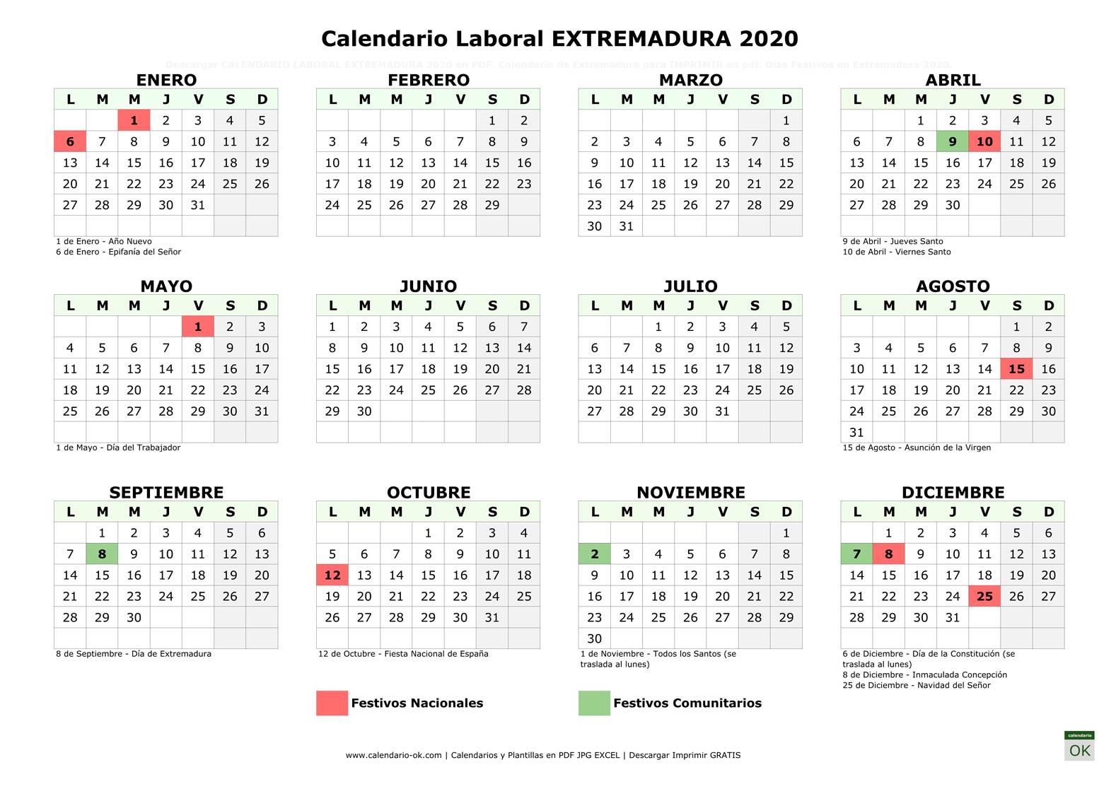 Calendario Laboral EXTREMADURA 2020 horizontal