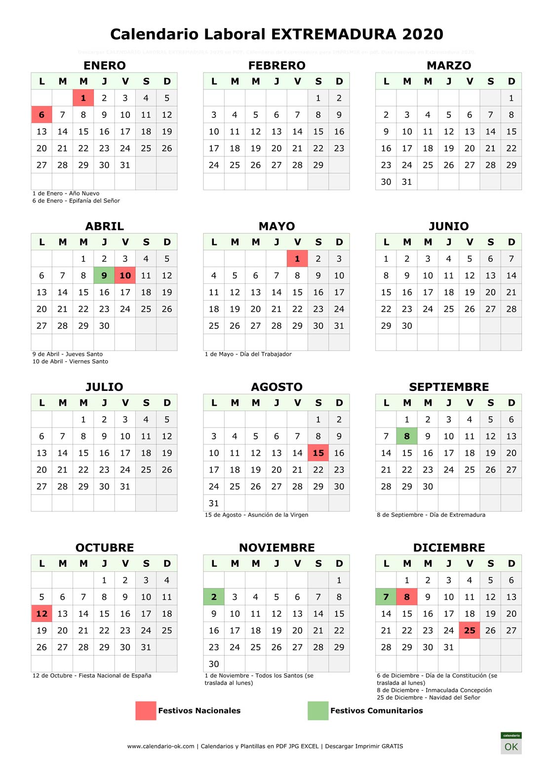Calendario Laboral EXTREMADURA 2020