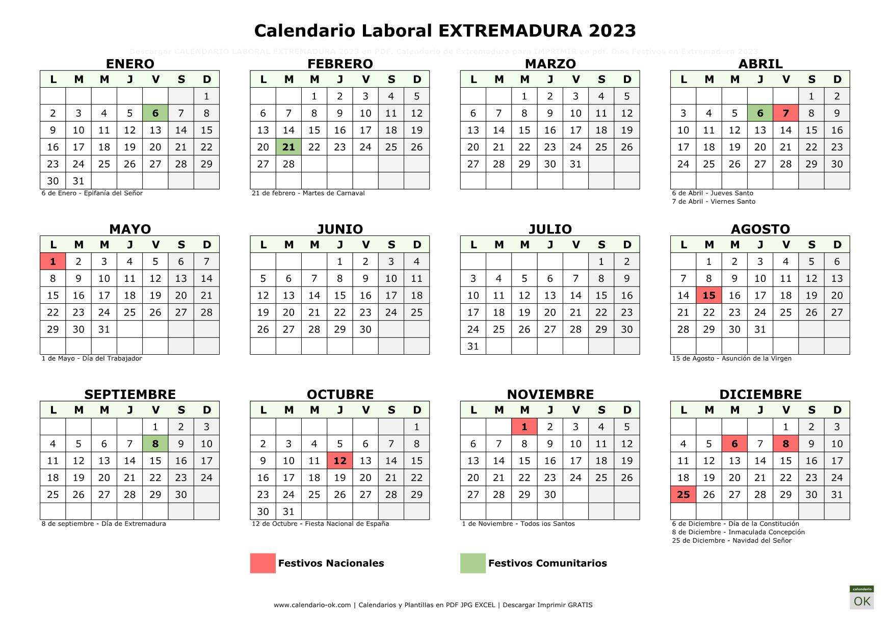 Calendario Laboral EXTREMADURA 2023 horizontal