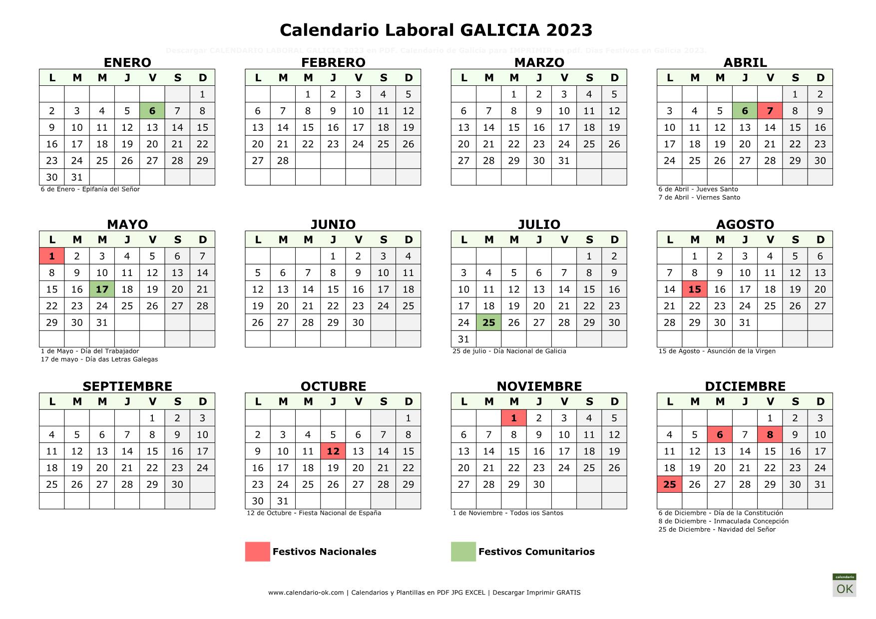 Festivos Galicia 2023 ▷ Calendario Laboral 【GALICIA 2023】 para IMPRIMIR