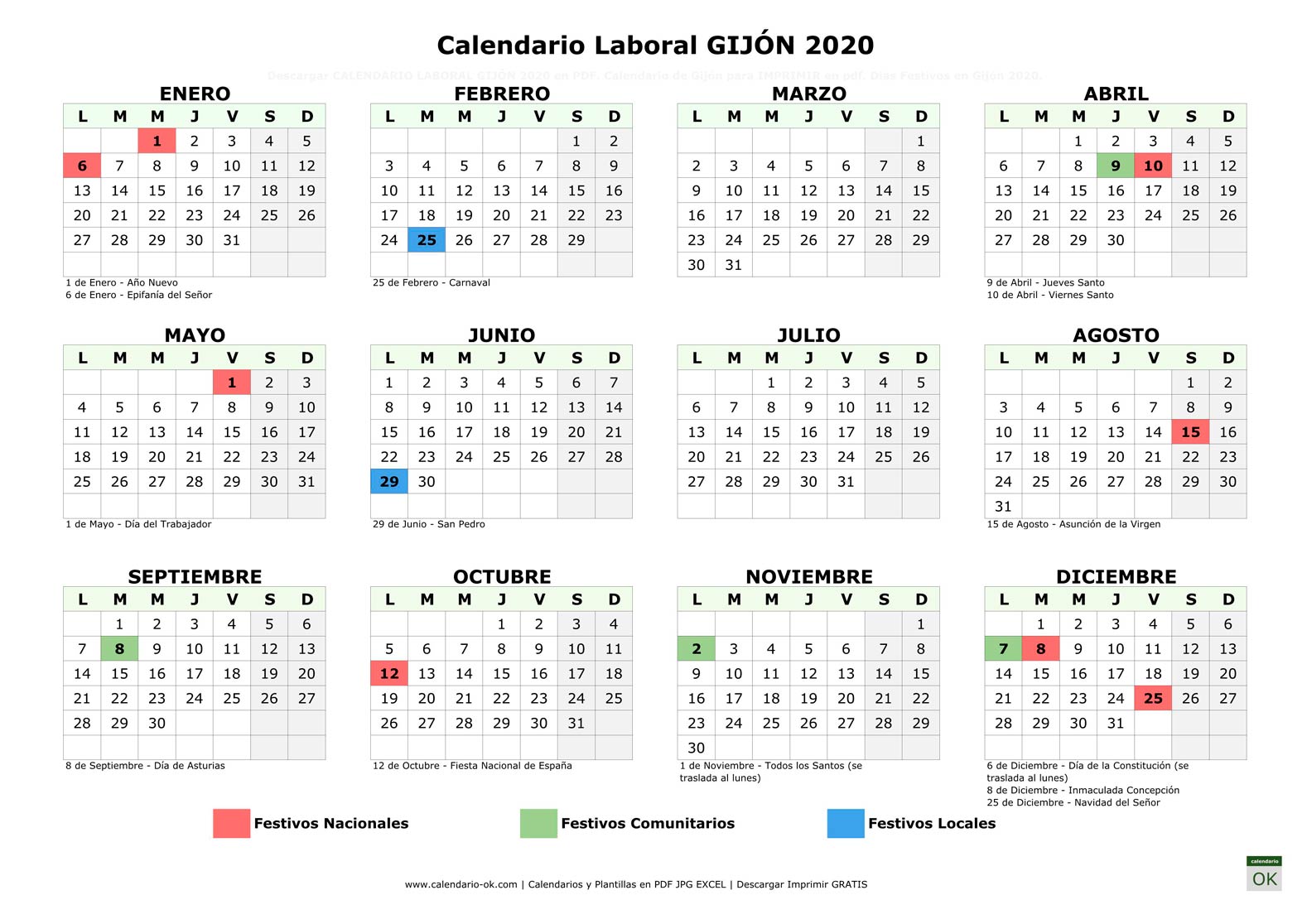 Calendario Laboral GIJÓN 2020 horizontal