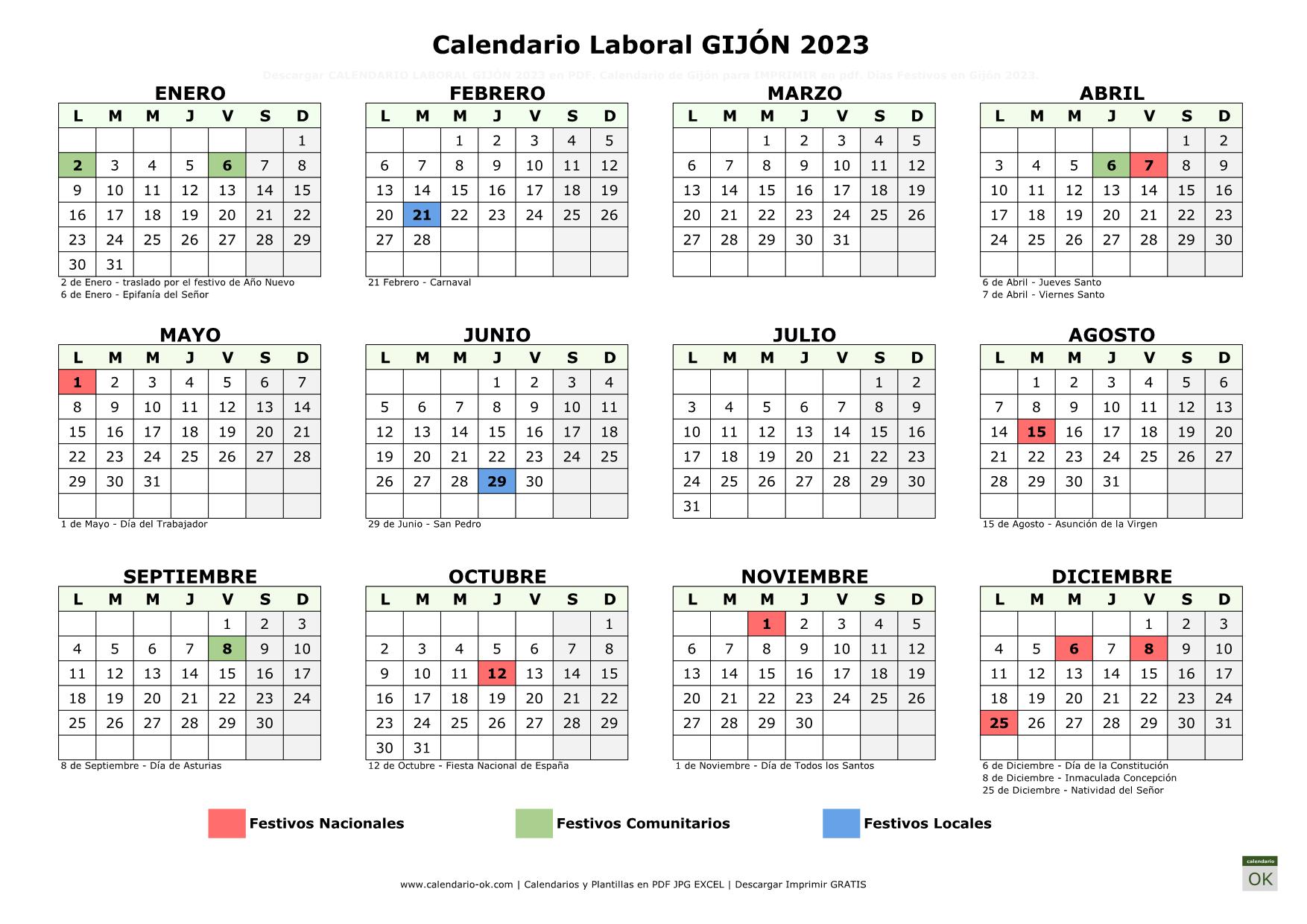 Calendario Laboral Gijón 2023 horizontal