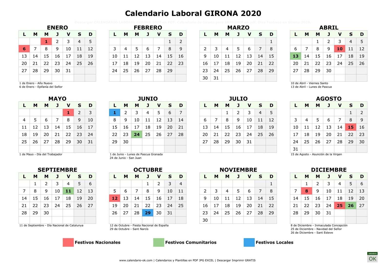Calendario Laboral GIRONA 2020 horizontal