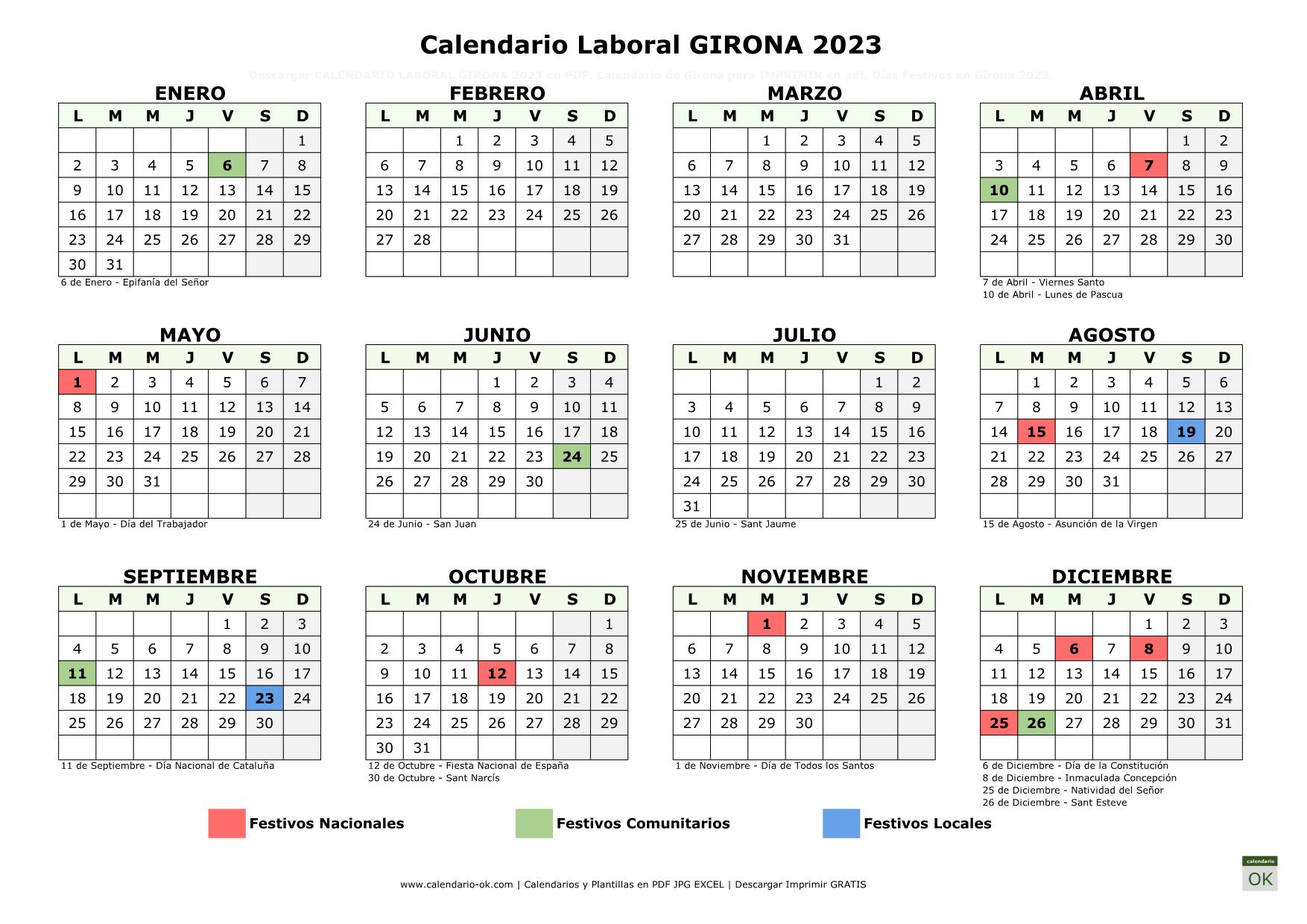 Calendario Laboral Girona 2023 horizontal
