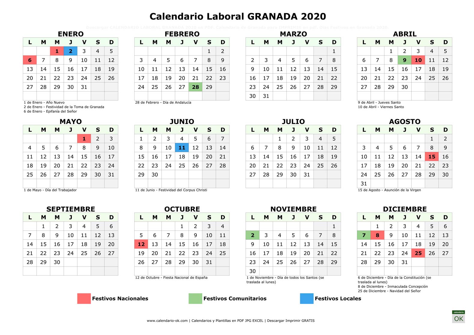 Calendario Laboral GRANADA 2020 horizontal