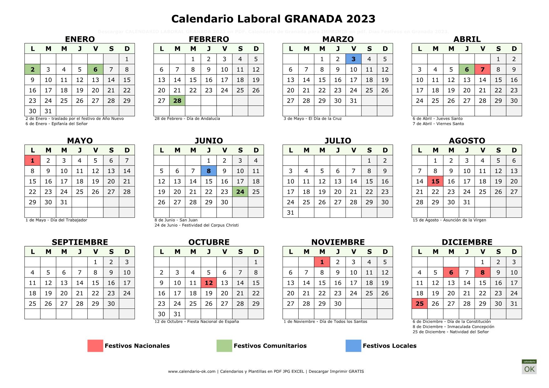 Calendario Laboral Granada 2023 horizontal