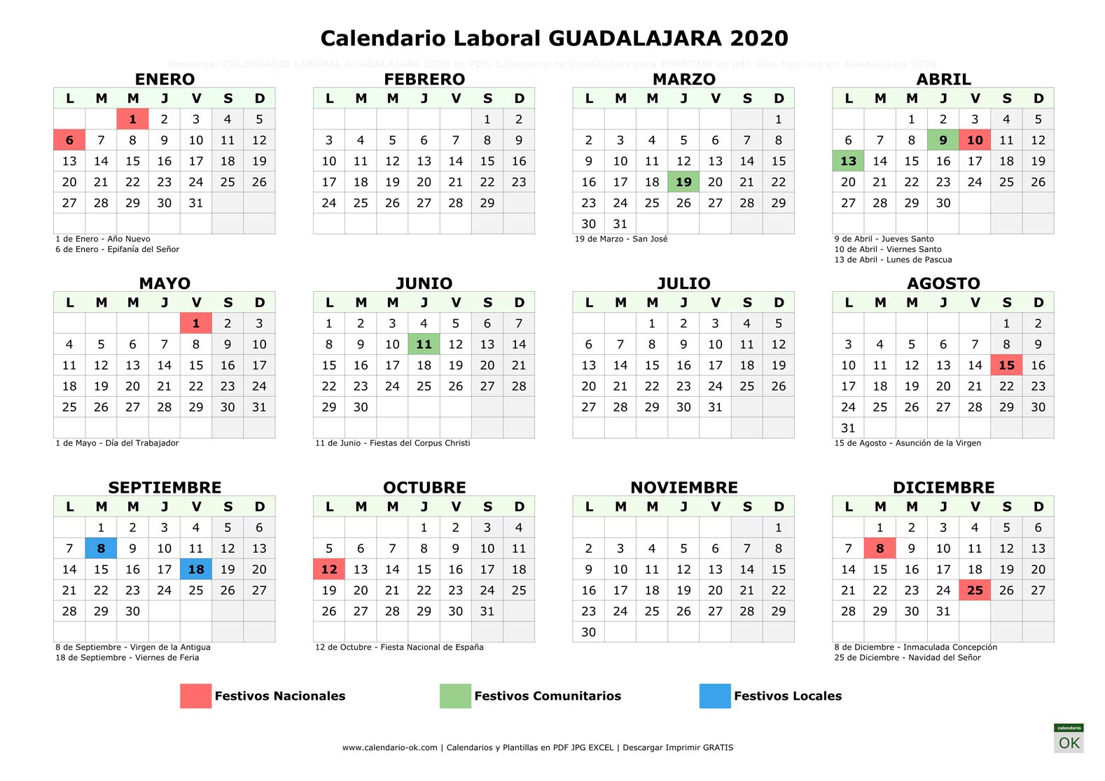 Calendario Laboral GUADALAJARA 2020 horizontal