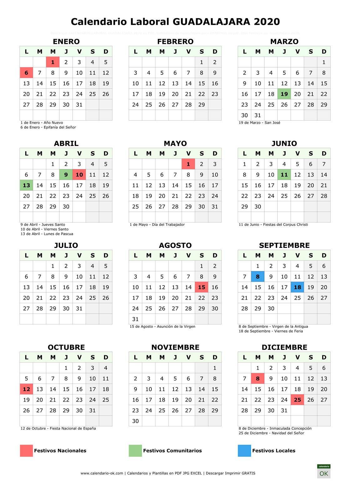 Calendario Laboral GUADALAJARA 2020