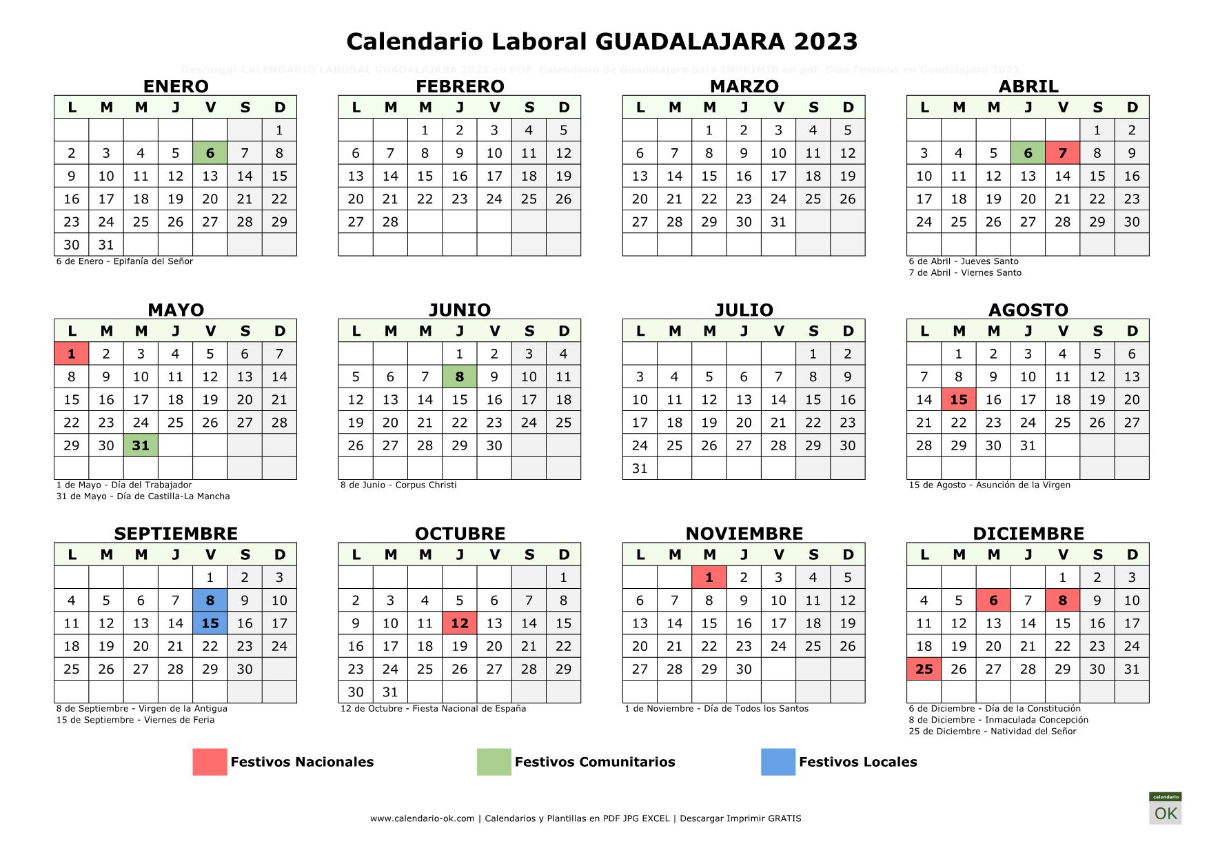 Calendario Laboral Guadalajara 2023 horizontal