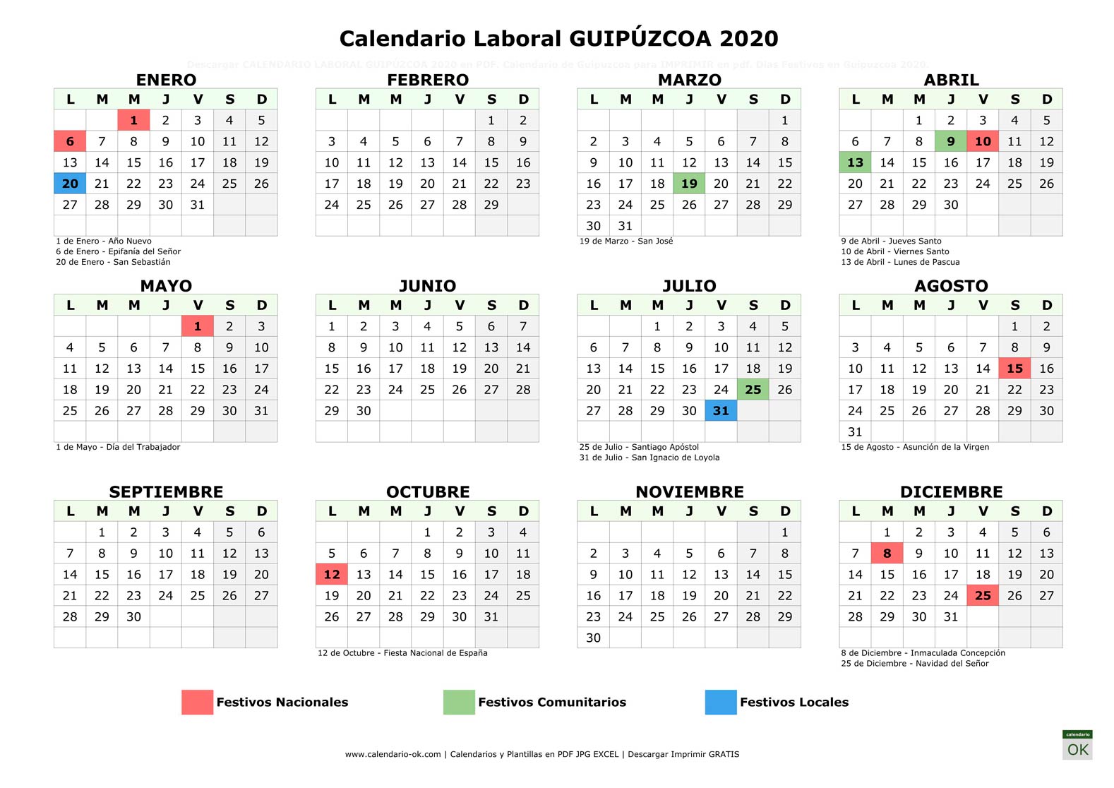Calendario Laboral GUIPÚZCOA 2020 horizontal