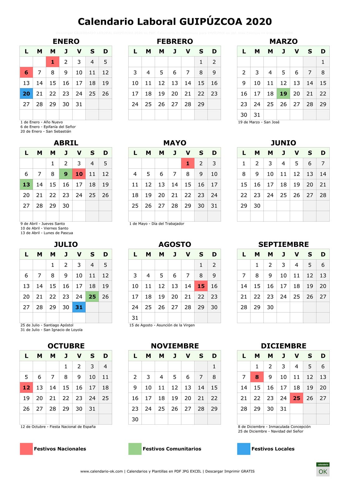 Calendario Laboral GUIPÚZCOA 2020